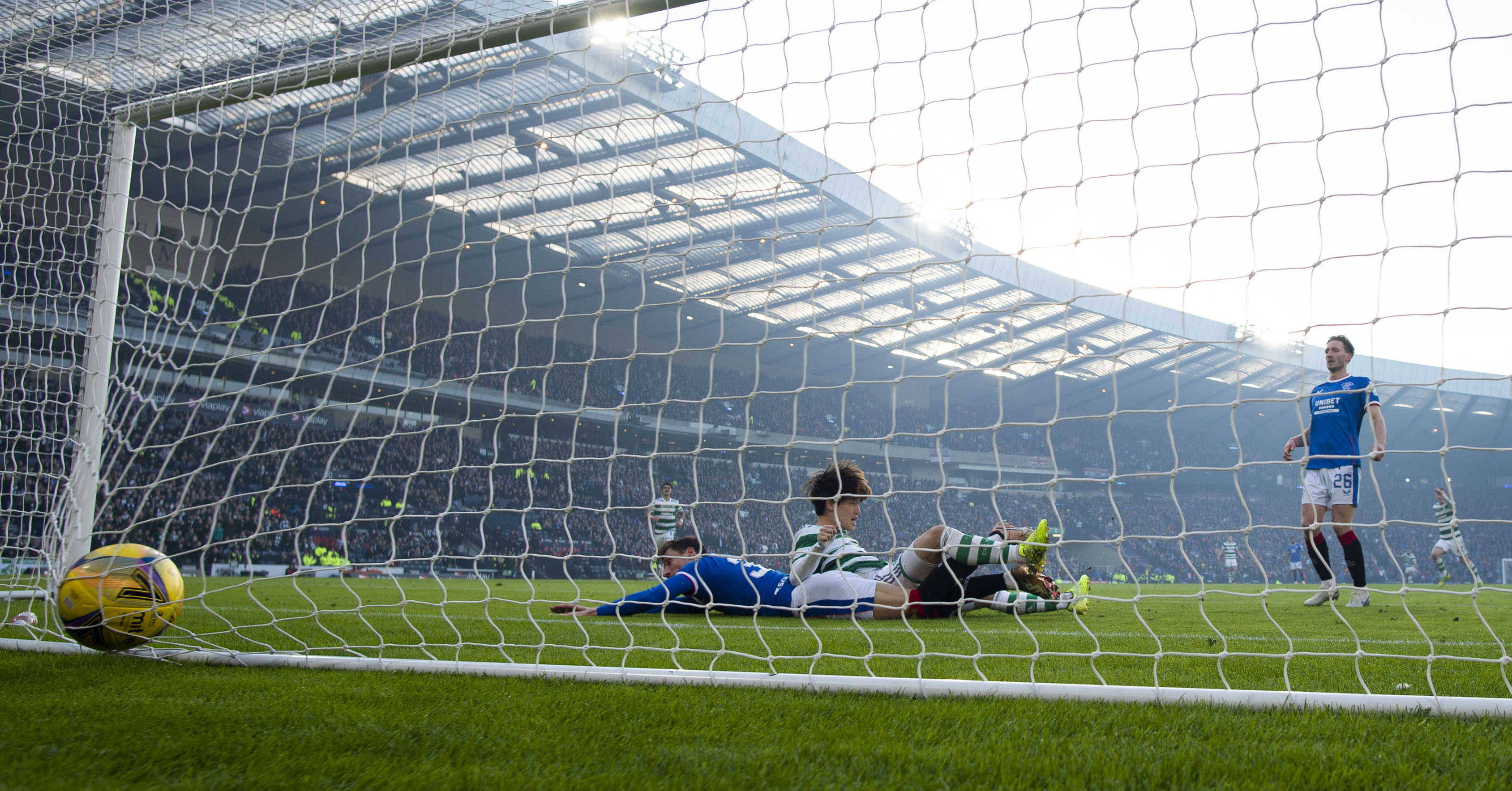 Celtic's Kyogo Furuhashi scores to make it 2-0 during the Viaplay Cup final between Rangers and Celtic at Hampden Park, on February 26, 2023.