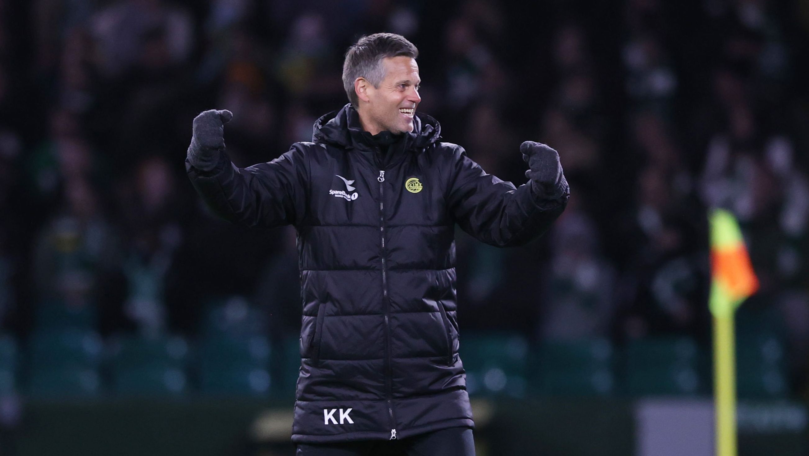 Bodo manager Kjetil Knutsen celebrates as his side make it 2-0 during a UEFA Conference League Last 32 first leg match between Celtic and Bodo/Glimt at Celtic Park, on February 17, 2022, in Glasgow, Scotland.  (Photo by Craig Williamson / SNS Group)