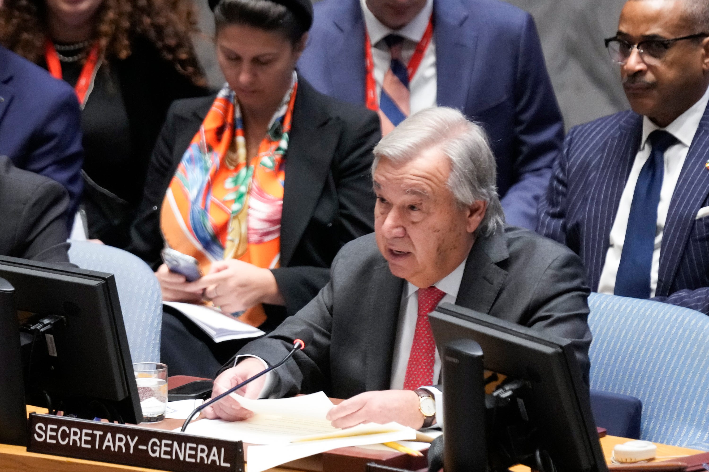 Antonio Guterres speaks during the meeting in New York.