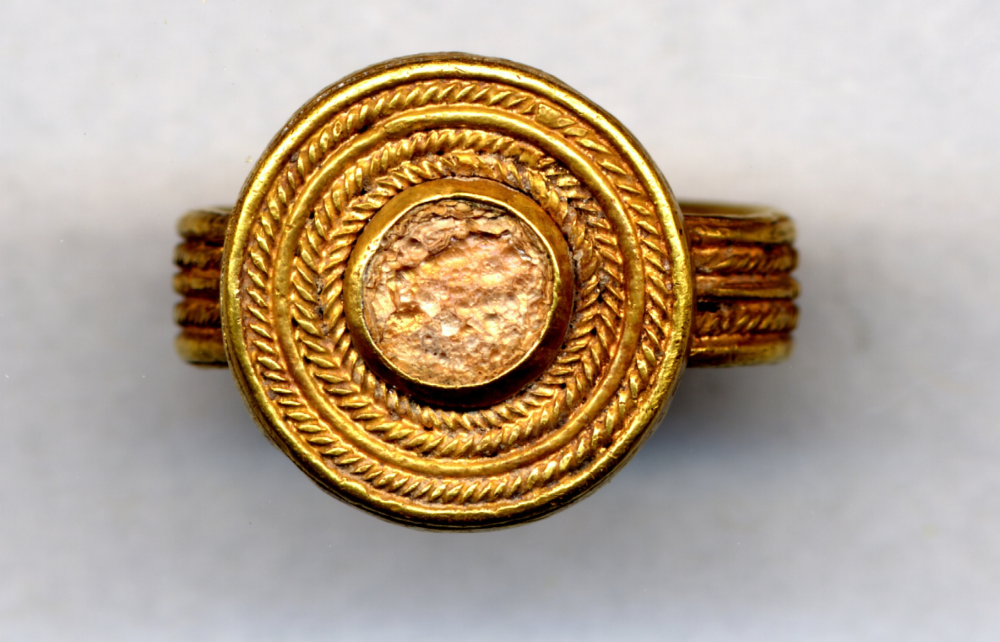 A gold finger ring with a glass setting, similar to the items missing from the British Museum’s collection (The Trustees of the British Museum/PA)