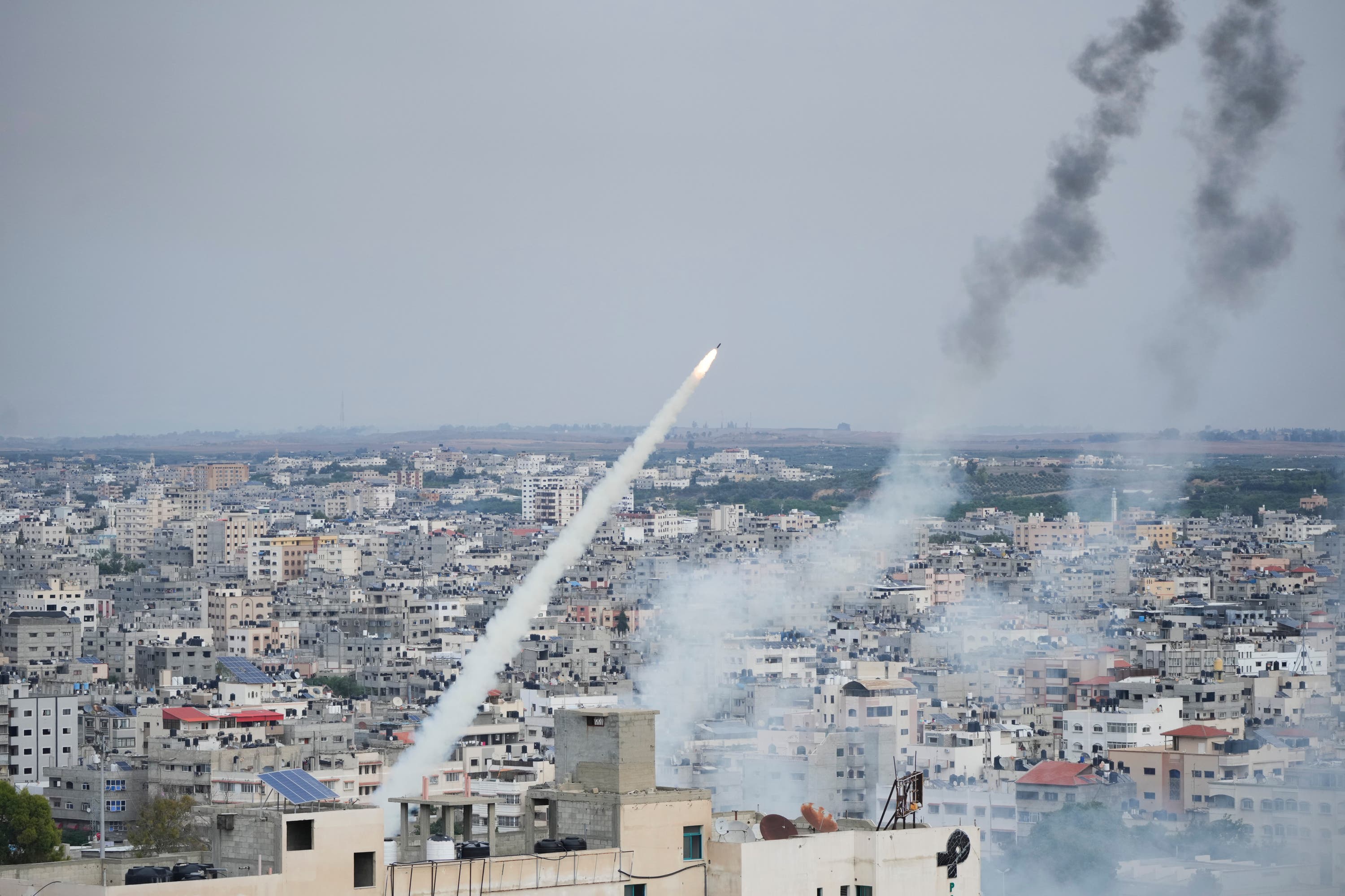 Rockets are launched by Palestinian militants from the Gaza Strip towards Israel.