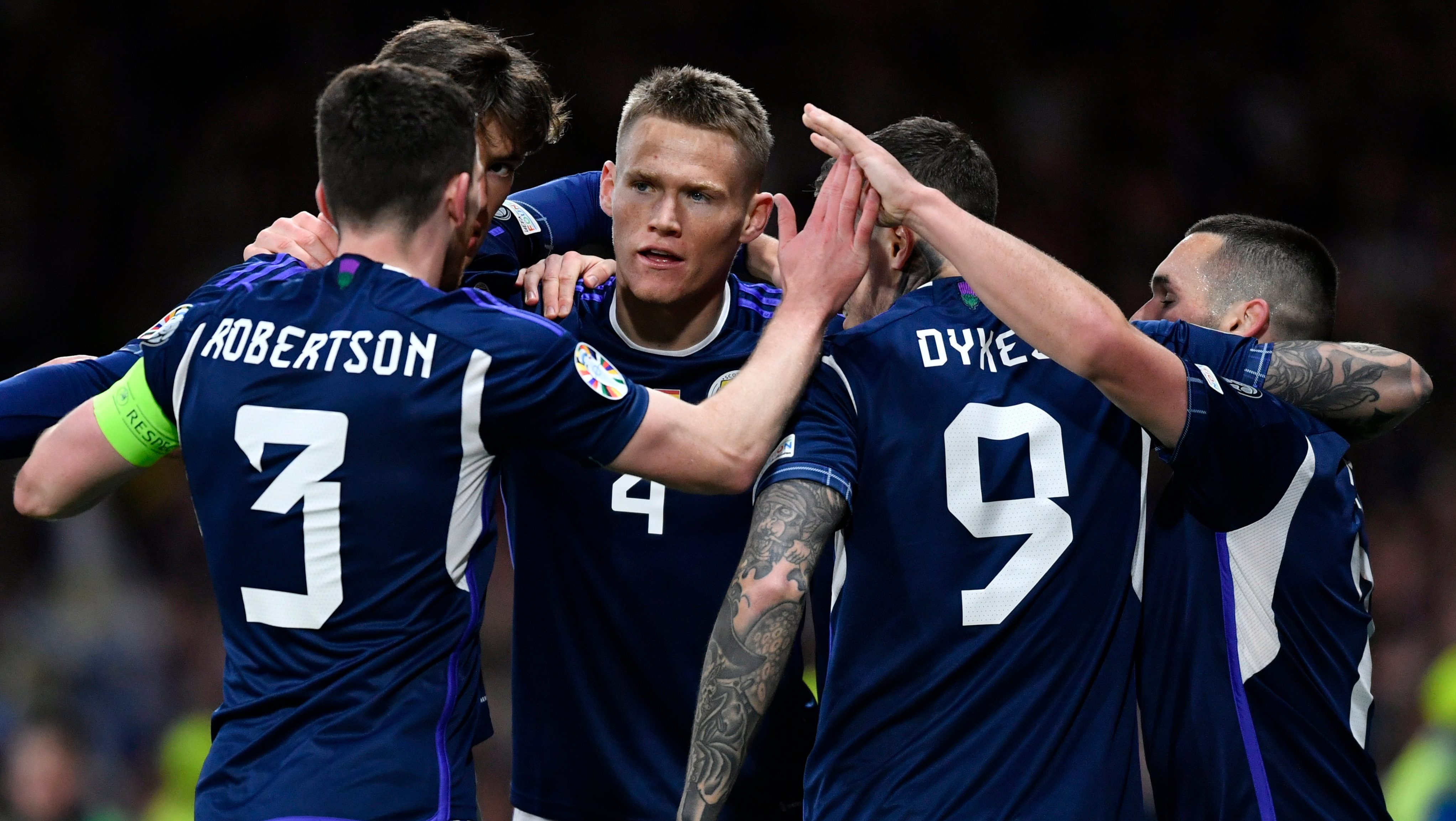 GLASGOW, SCOTLAND - MARCH 28: Scotland's Scott McTominay celebrates as he makes it 1-0 during a UEFA Euro 2024 Qualifier between Scotland and Spain at Hampden Park, on March 28, 2023, in Glasgow, Scotland. (Photo by Ross MacDonald / SNS Group)