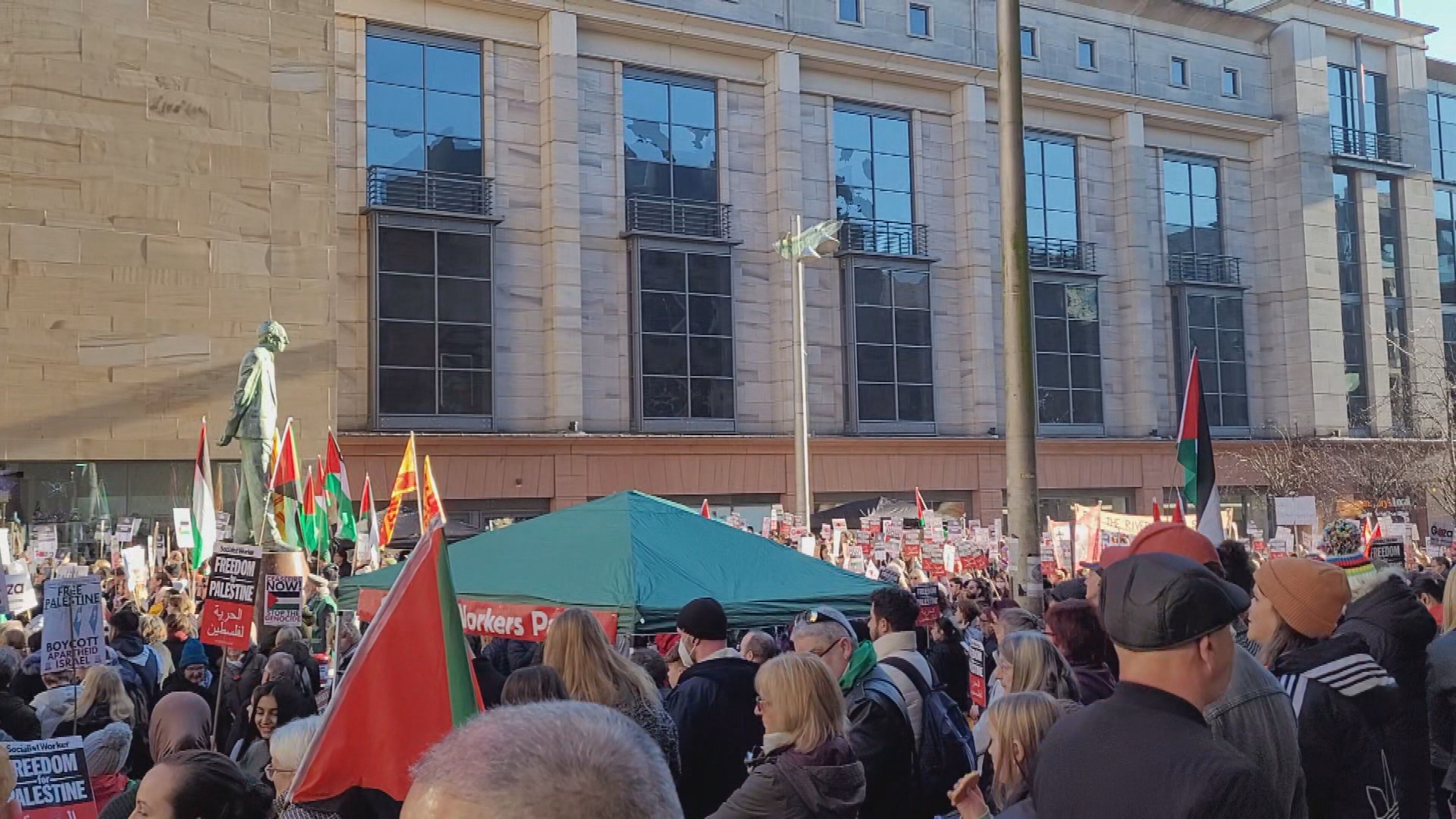 Crowds in Glasgow were led in chants of 'ceasefire now'.