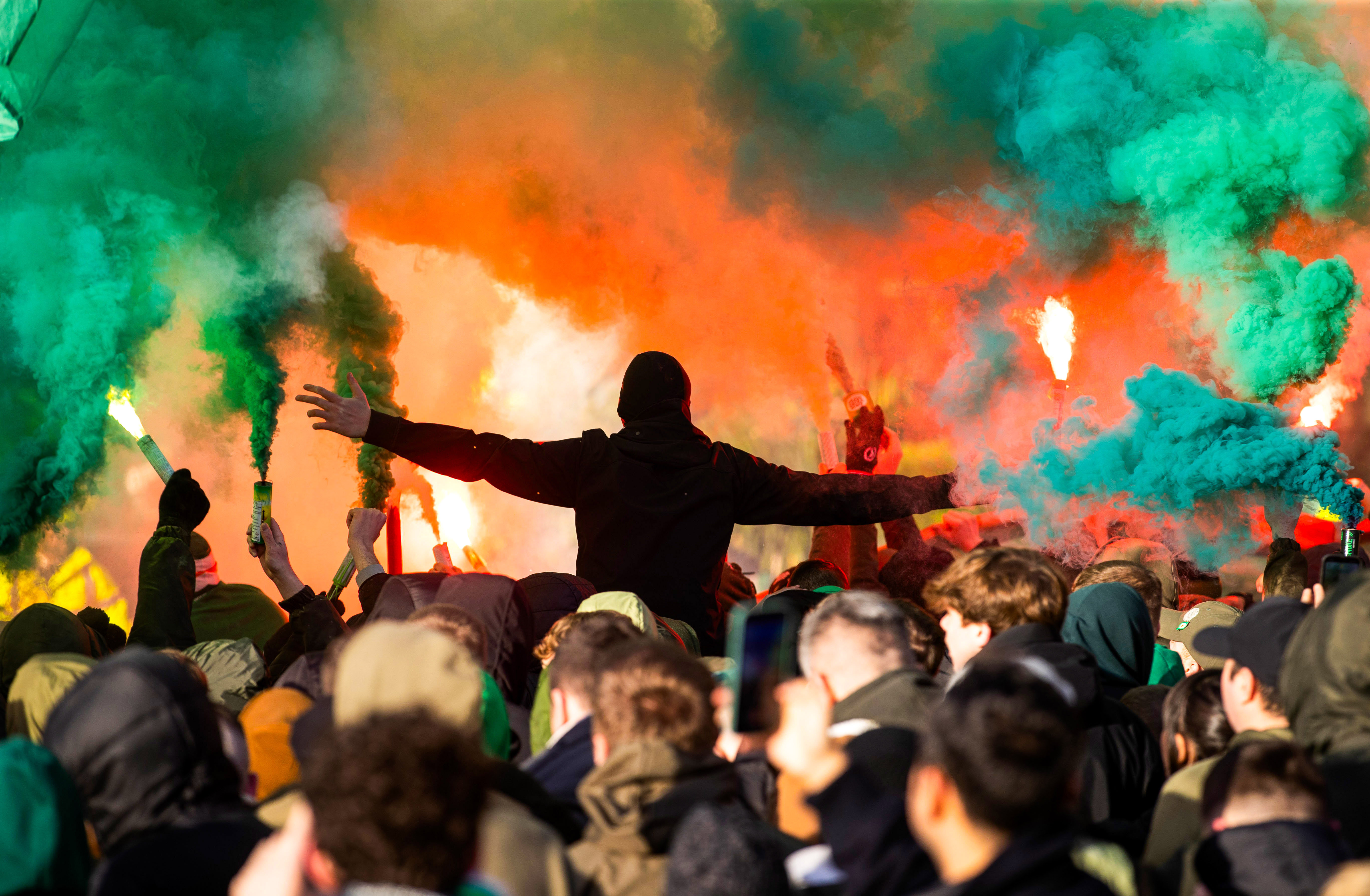 GLASGOW, SCOTLAND - NOVEMBER 25: Celtic fans gather to welcome the team bus during a cinch Premiership match between Celtic and Motherwell at Celtic Park, on November 25, 2023, in Glasgow, Scotland. (Photo by Craig Williamson / SNS Group)