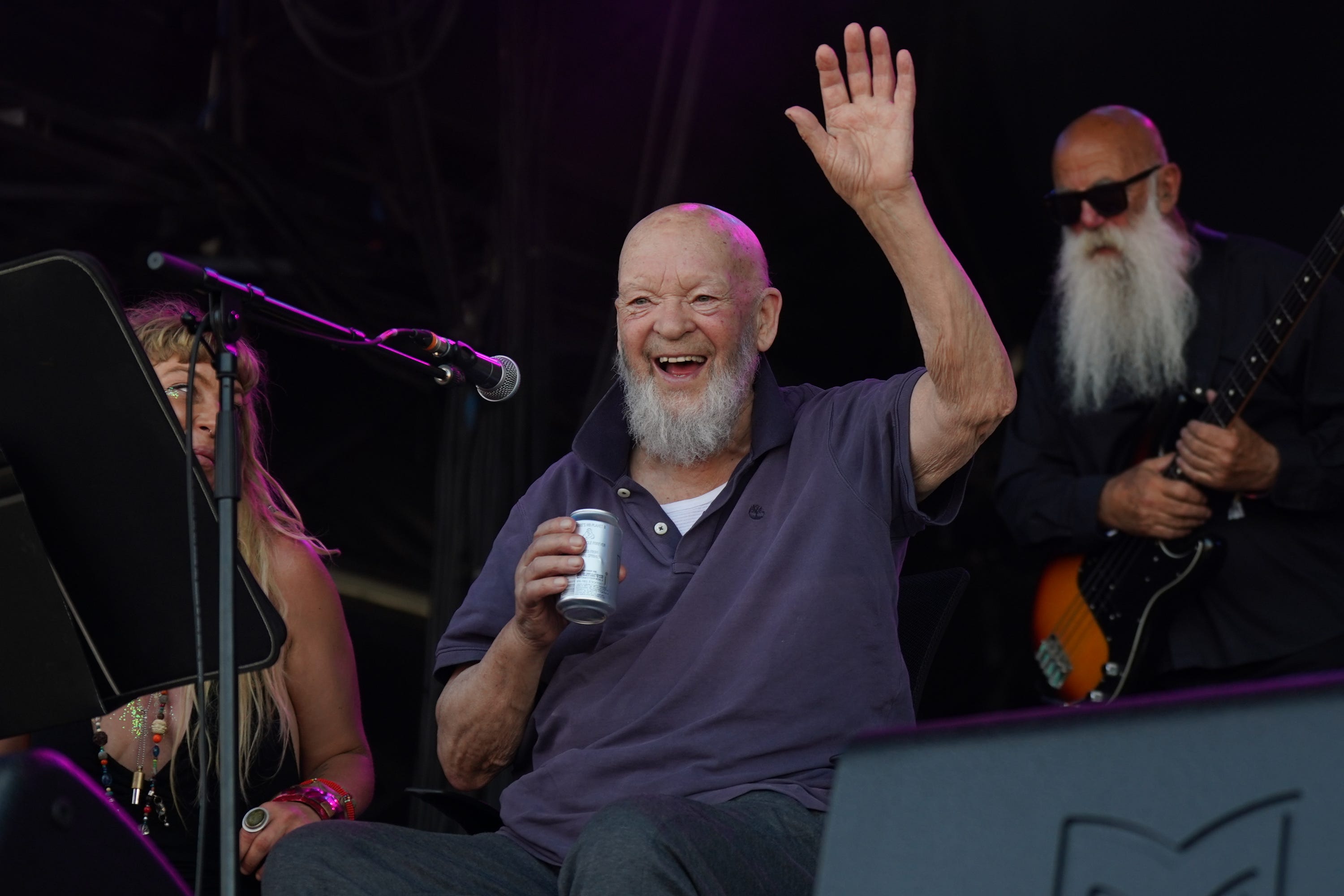 Michael Eavis appears with his band on the Park Stage at the Glastonbury Festival in 2023 (Yui Mok/PA).