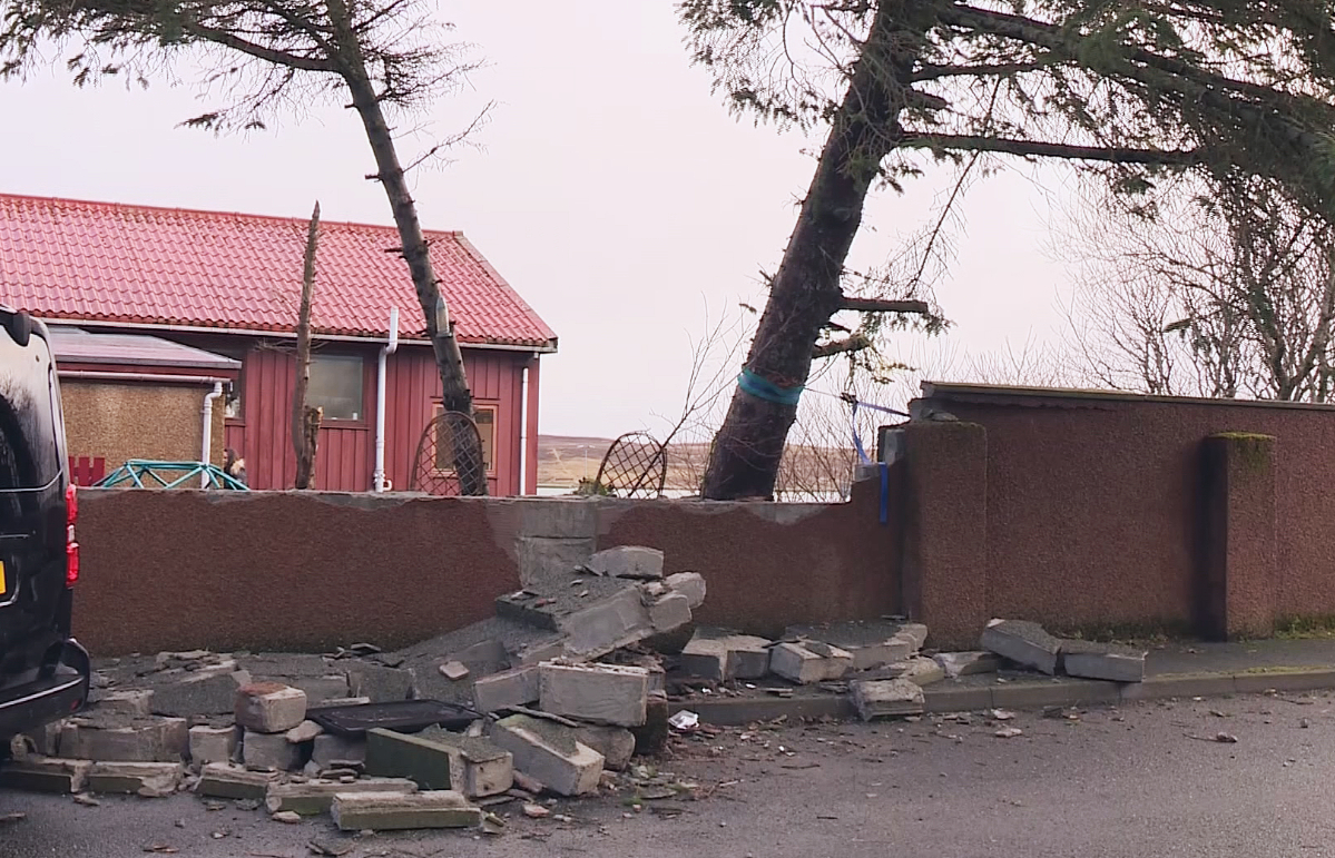 A collapsed wall in Lerwick, Shetland, amid Storm Gerrit.