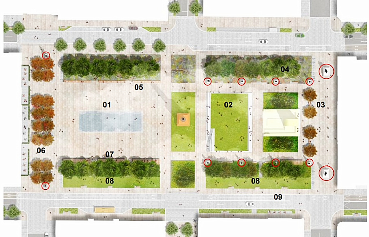 An image showing a revamped George Square, with the possible new locations of statues circled in red.