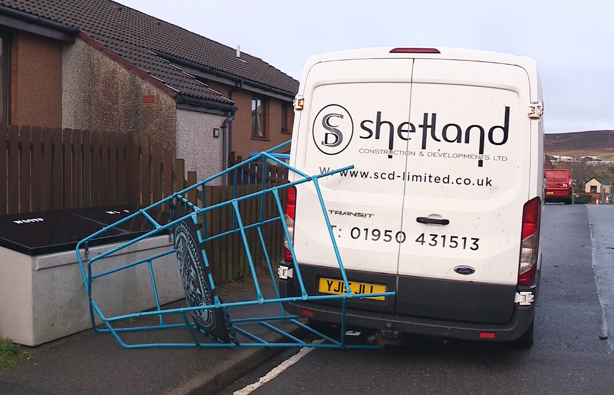 A trampoline blown into a van by Storm Gerrit, in Lerwick, Shetland.