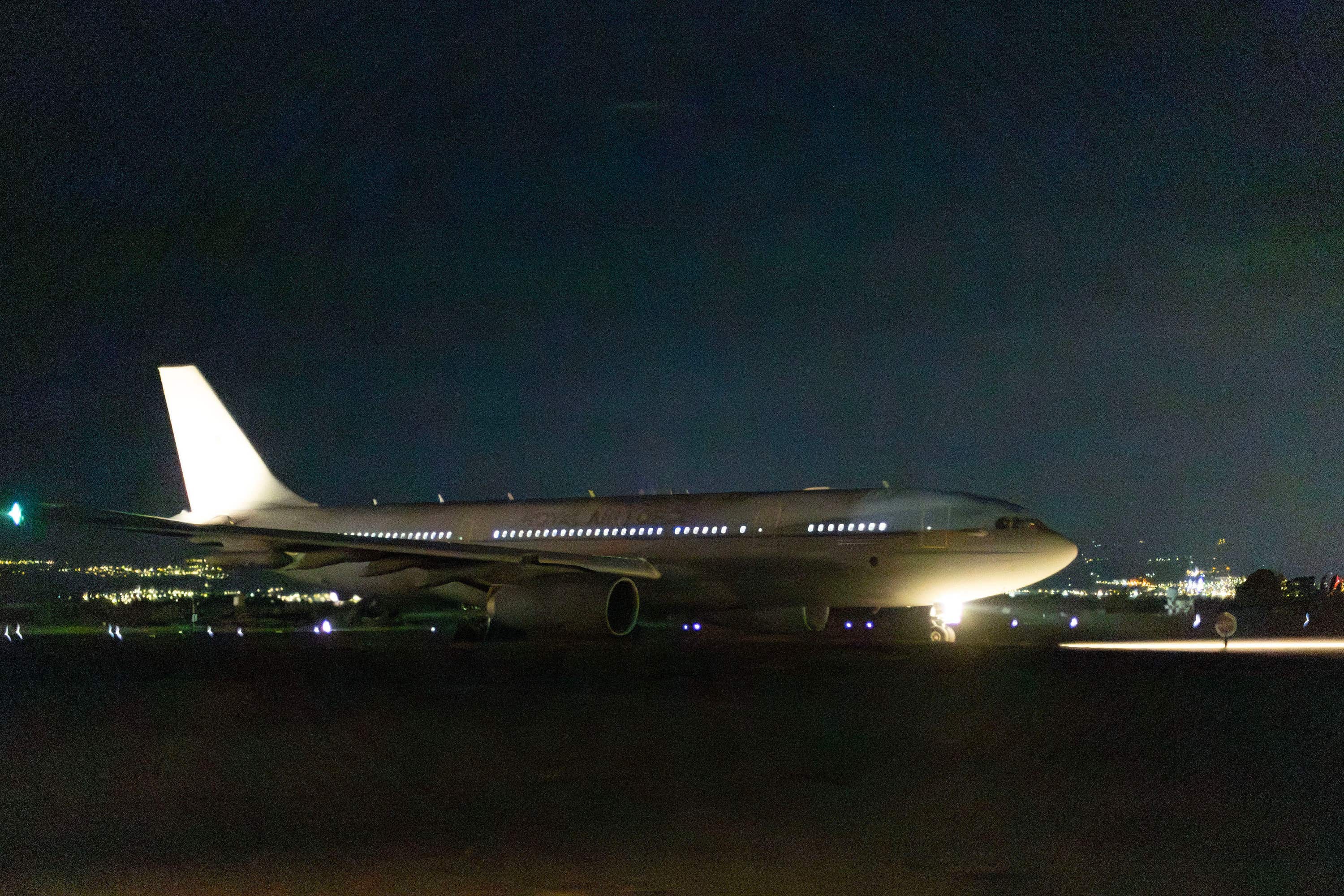 Handout photo supplied by Ministry of Defence showing a Royal Air Force Voyager aircraft taking off from RAF Akrotiri to conduct strikes against military targets in Yemen.