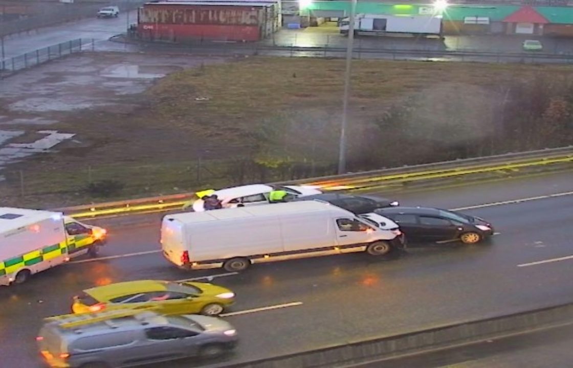 Three in hospital after rush hour four-vehicle crash blocks two lanes on M74