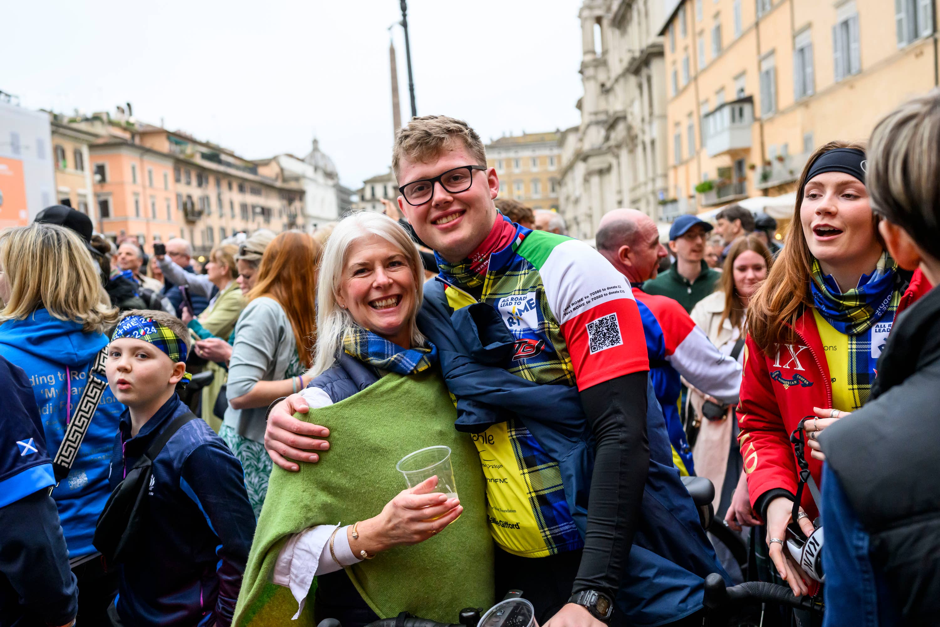 Doddie Weir’s widow, Kathy, with his son Ben in Rome.