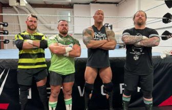 The Rock poses with Scottish wrestlers Gallus after training before Wrestlemania XL match