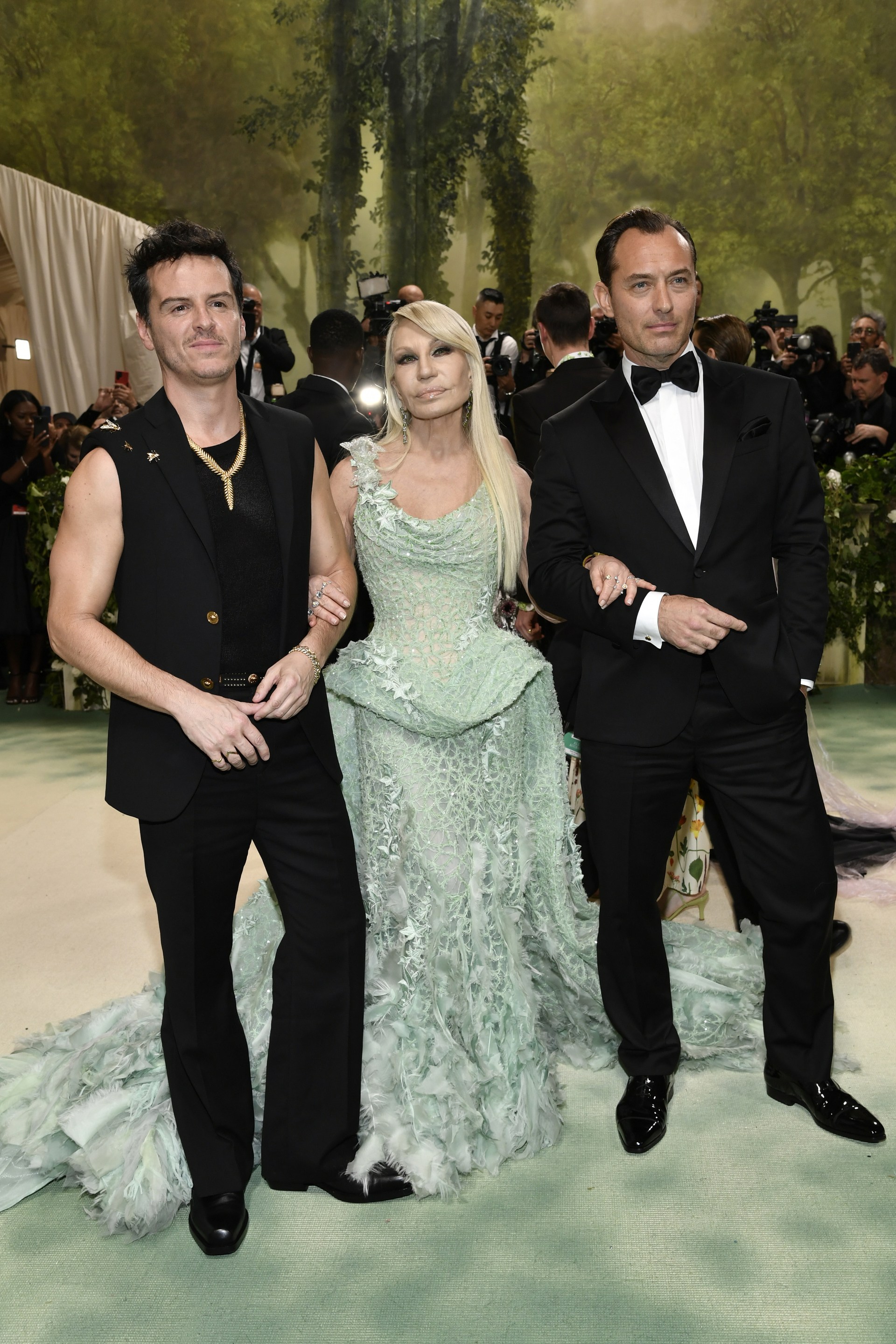 Andrew Scott, from left, Donatella Versace, and Jude Law attend The Metropolitan Museum of Art’s Costume Institute benefit gala (Evan Agostini/Invision/AP).