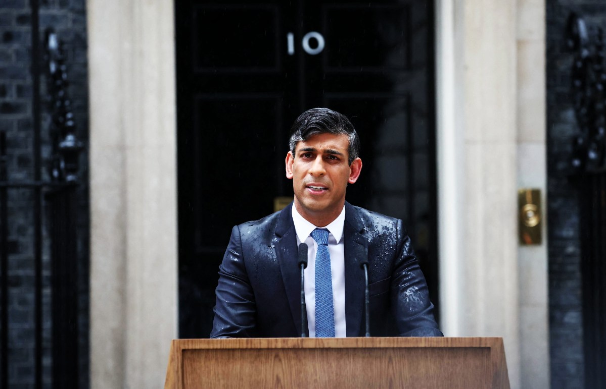 A soaking Rishi Sunak announced the General Election last month.