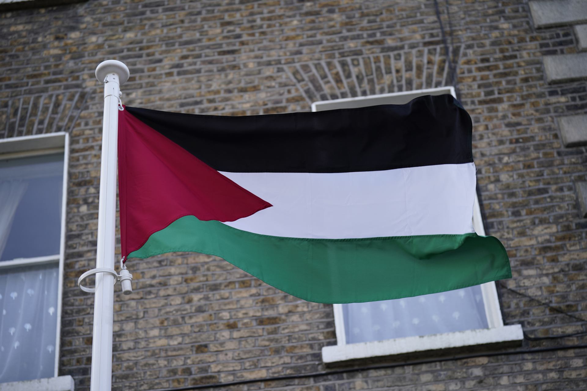 A view of the Palestinian flag flying outside the Palestinian Embassy in Dublin.