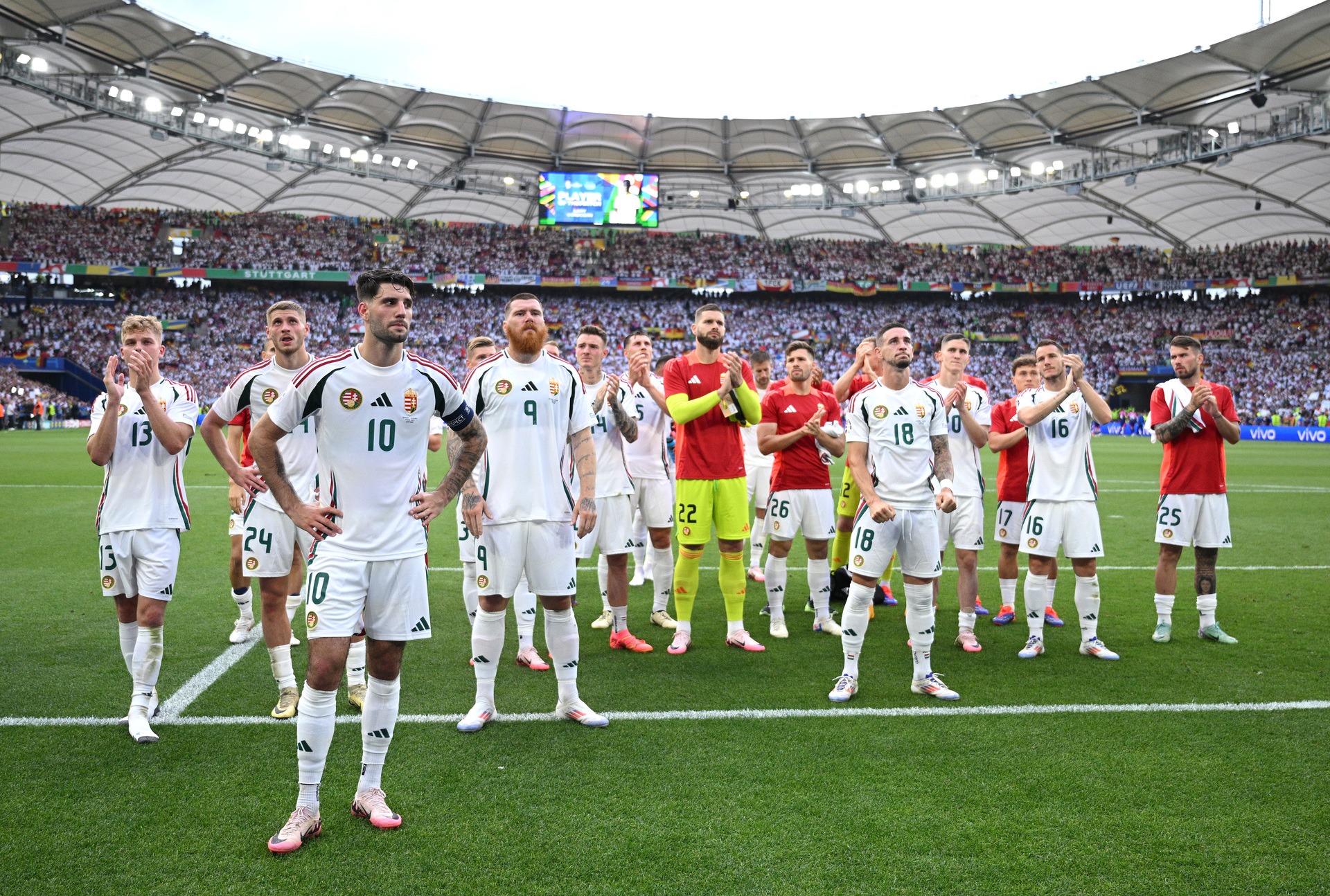 Dominik Szoboszlai of Hungary acknowledges the fans with teammates after defeat to Germany during the UEFA EURO 2024.