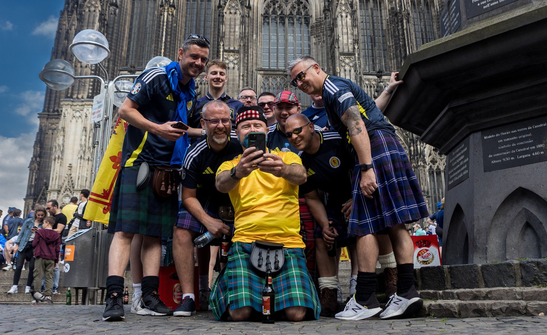 Scotland fans are standing in front of Cologne Cathedral during the Scotland vs Switzerland match at UEFA Euro 2024 in Cologne, Germany, on June 19, 2024. (Photo by Foto Olimpik/NurPhoto via Getty Images)