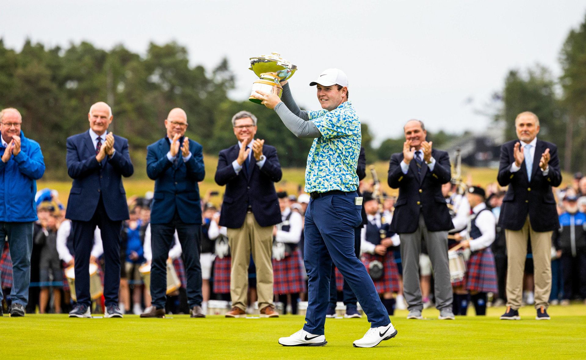 Robert MacIntyre lifts the 2024 Genesis Scottish Open trophy during the 2024 Genesis Scottish Open Fourth Round at The Renaissance Club. (Photo by Ross Parker / SNS Group)