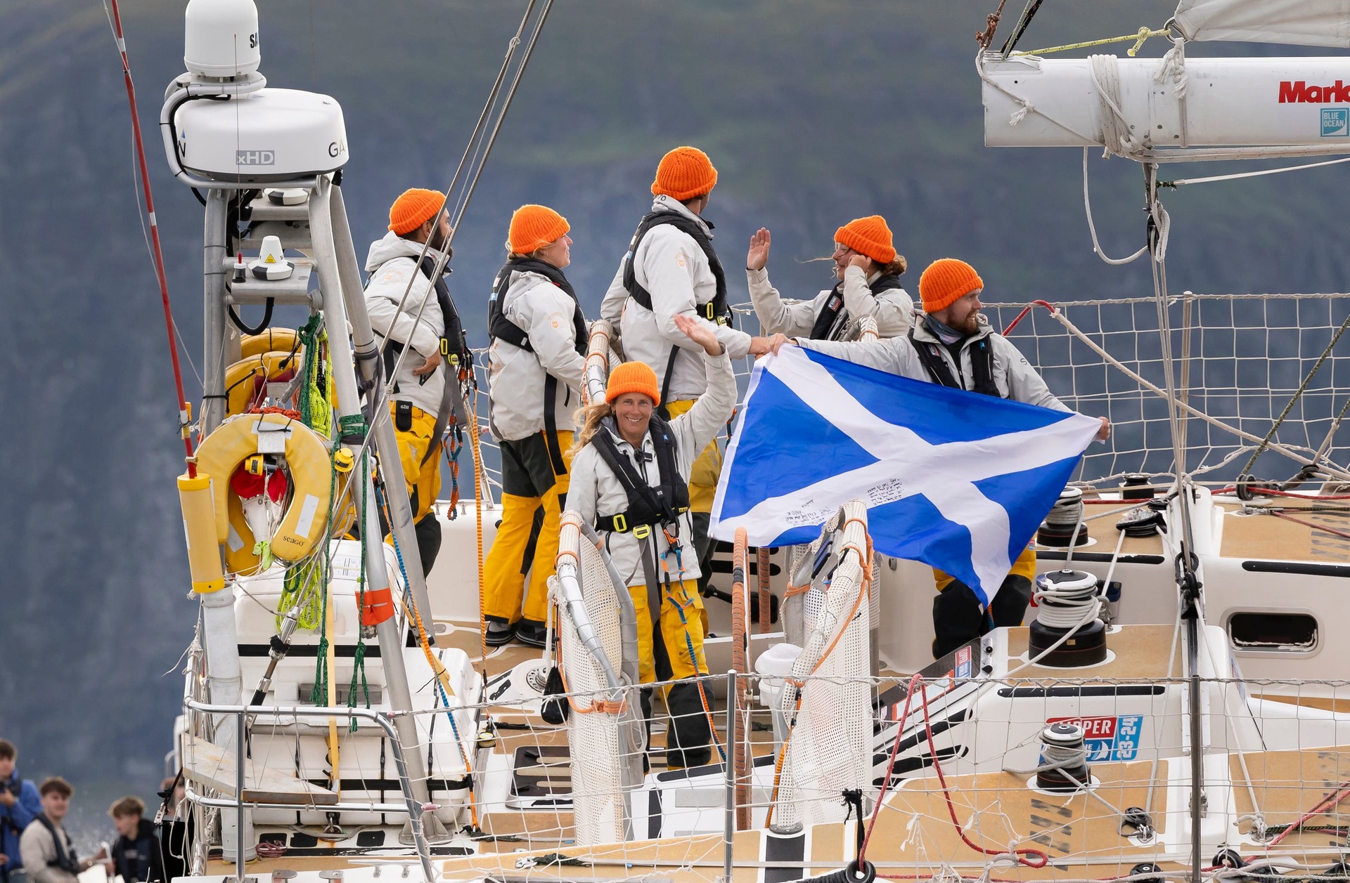 The crew on the Perseverance celebrated winning the leg which saw them sale from Washington DC to Oban (Martin Shields/Clipper Ventures PLC/PA) 