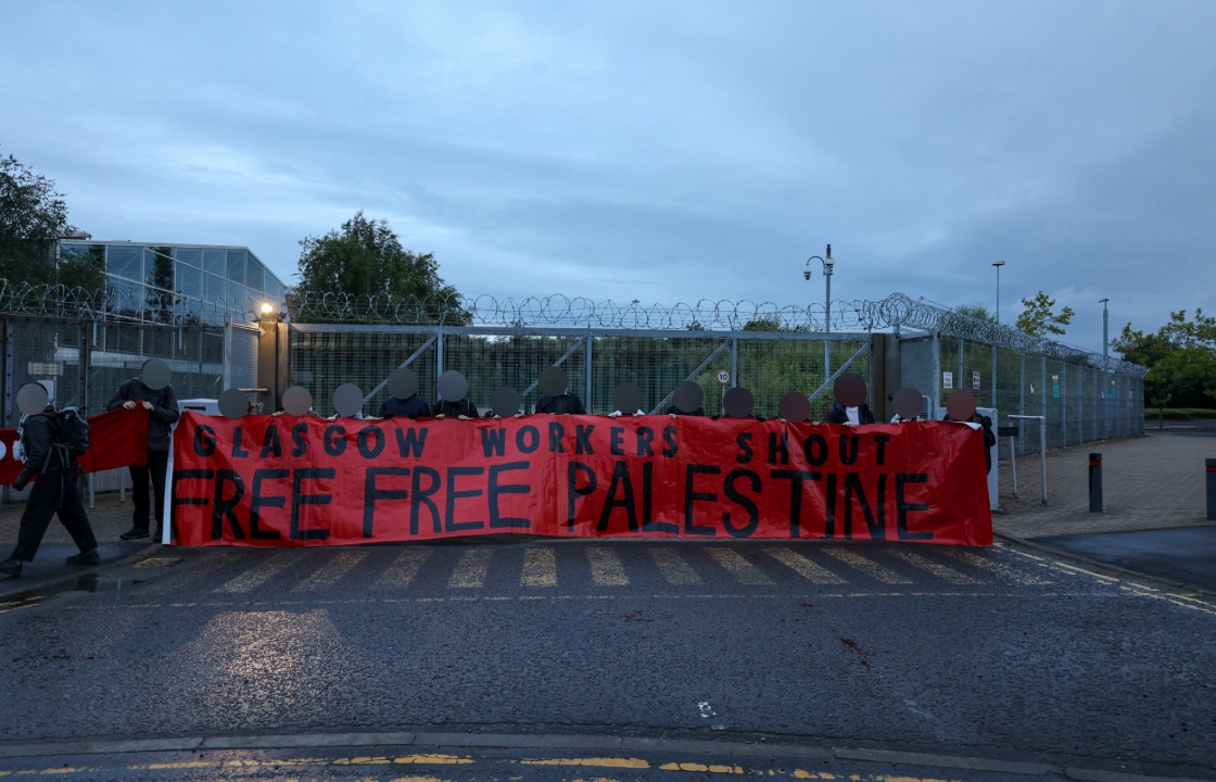 Activists have staged a blockade outside the Thales factory in Glasgow