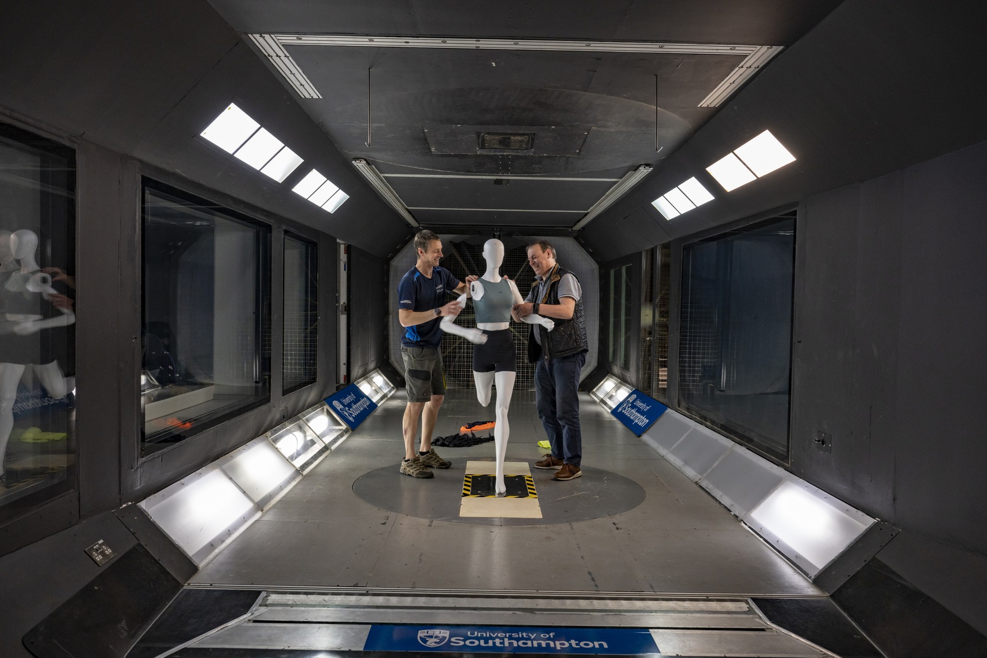 Dr David Marshall of University of Southampton (left) and Professor Bert Blocken preparing a mannequin for wind tunnel tests.