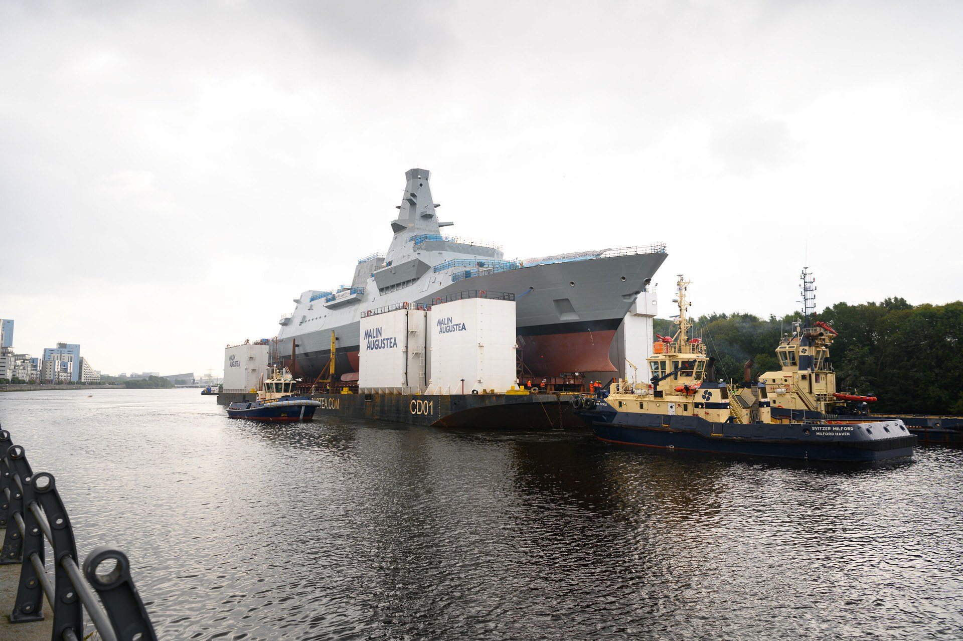 Type 26 Frigate HMS Cardiff leaving BAE Systems Govan shipyard.