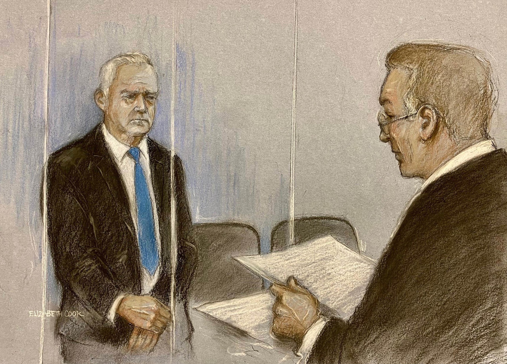 Court artist drawing by Elizabeth Cook of Chief Magistrate Paul Goldspring (right) with former BBC broadcaster Huw Edwards at Westminster Magistrates’ Court (Elizabeth Cook/PA) 