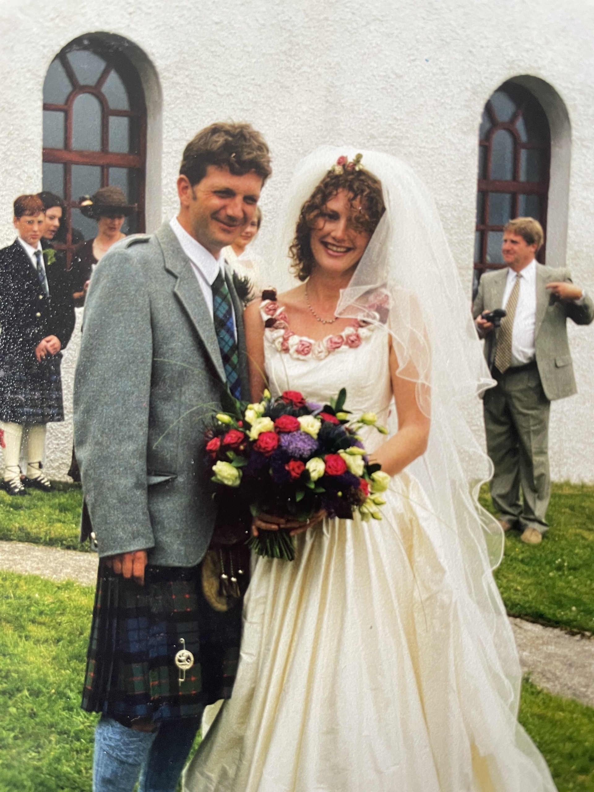 Claire and Andy on their wedding day at Jura Church in July 1998.