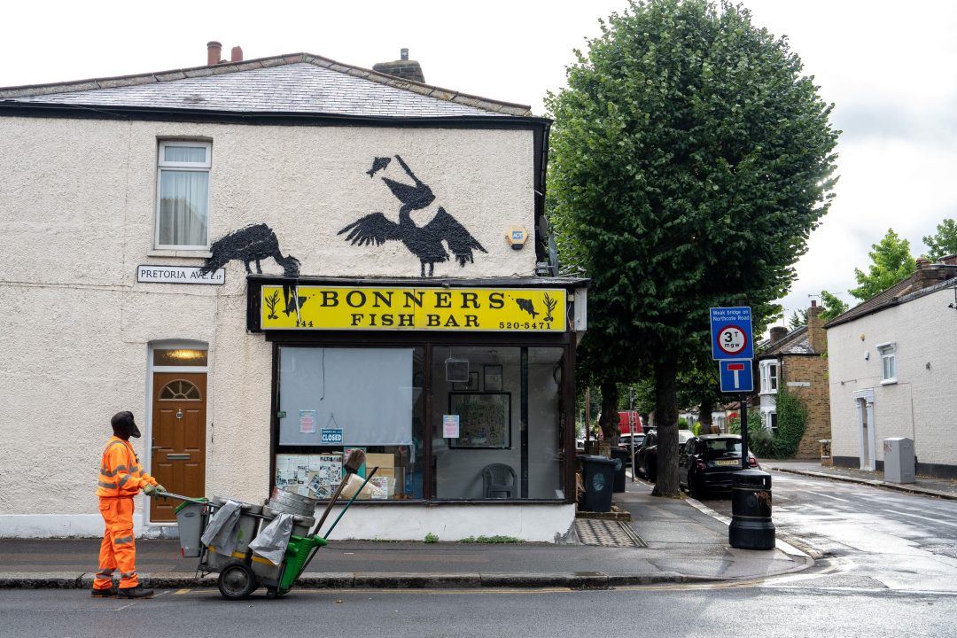 Fifth Banksy artwork of week depicts pelicans pinching fish from chip shop