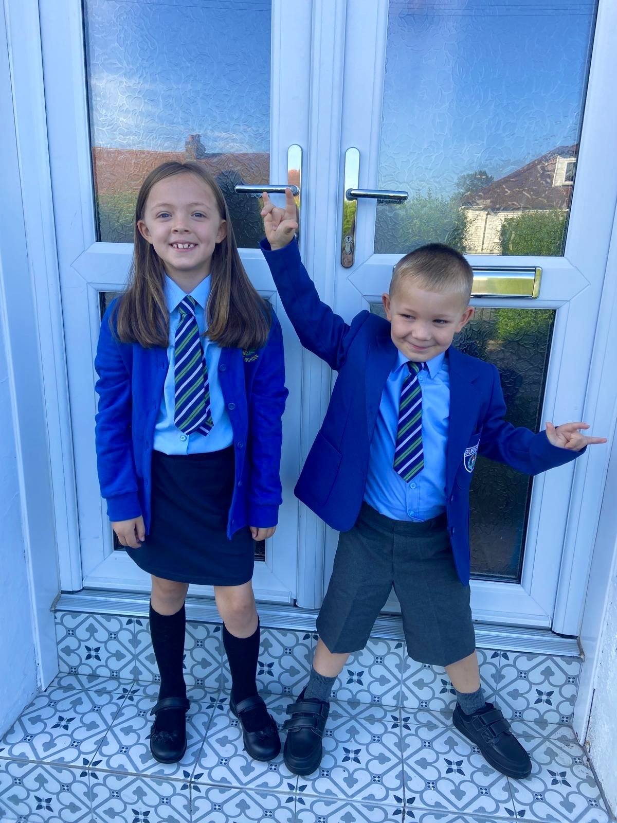 Sean's niece Jessica and nephew Noah heading for their first day at Burnside Primary, South Lanarkshire.