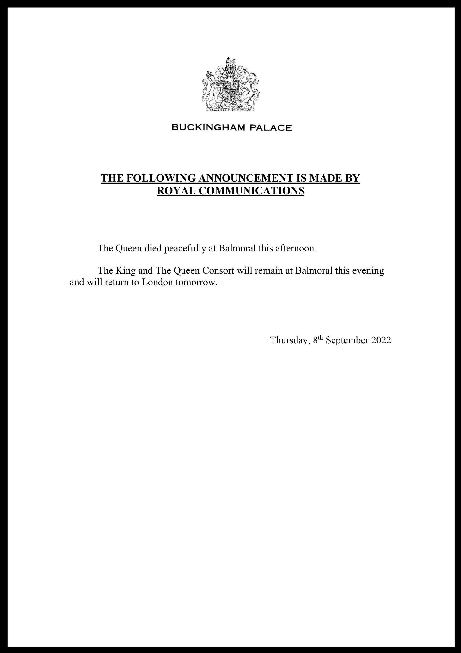 The announcement confirming the death of the Queen (Buckingham Palace/PA) 