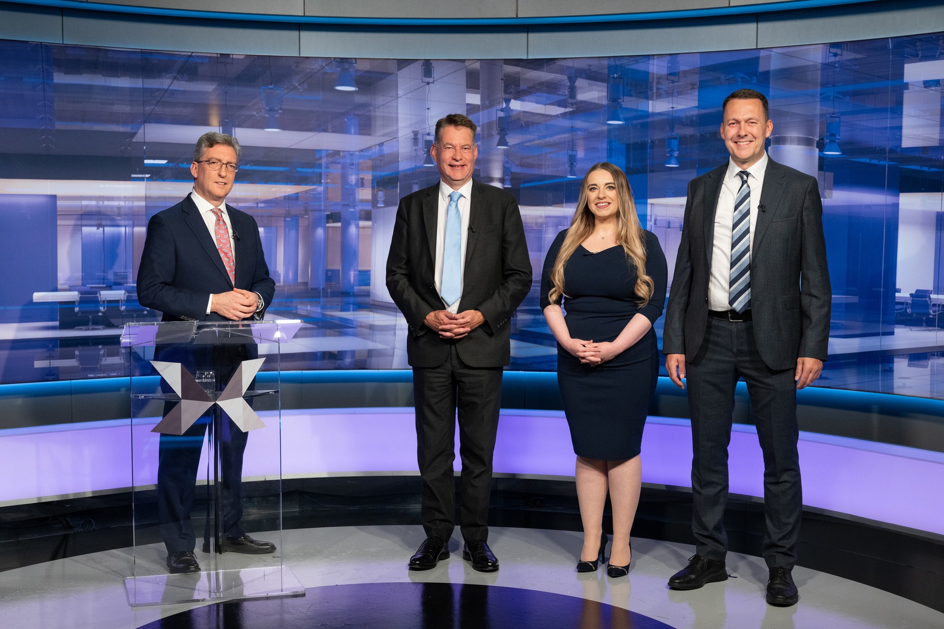 STV’s Political Editor Colin Mackay (left) was joined in the broadcaster’s Scotland Tonight studio by the three candidates vying for the position of leader of the Scottish Conservatives – (l-r) Murdo Fraser MSP, Meghan Gallacher MSP and Russell Findlay MSP – ahead of a televised debate tonight (2 September).2/09/24STV / Kirsty Anderson