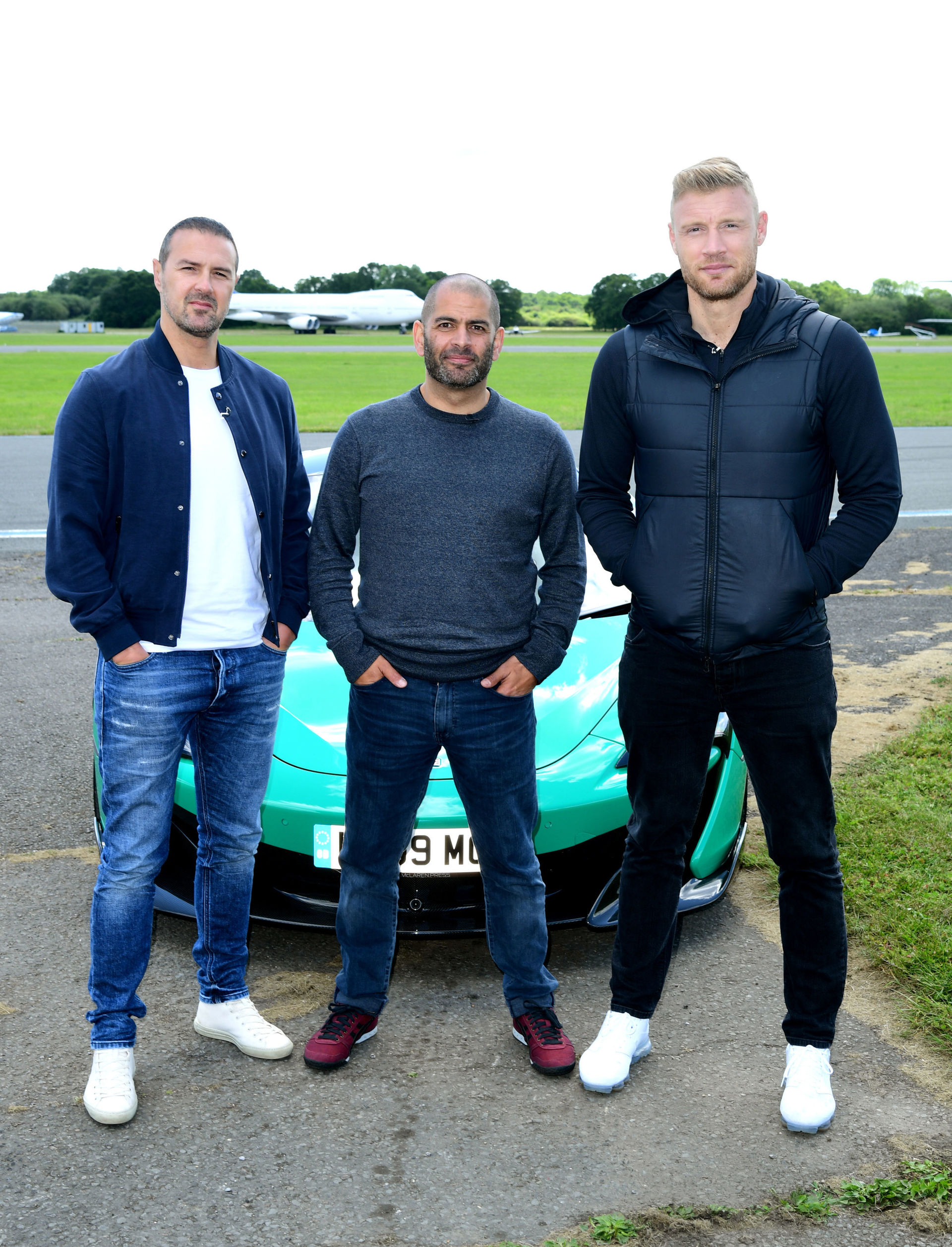 Presenters Paddy McGuinness, Chris Harris and Andrew ‘Freddie’ Flintoff at the Top Gear test track in Dunsfold Park in Surrey (Ian West/PA) 