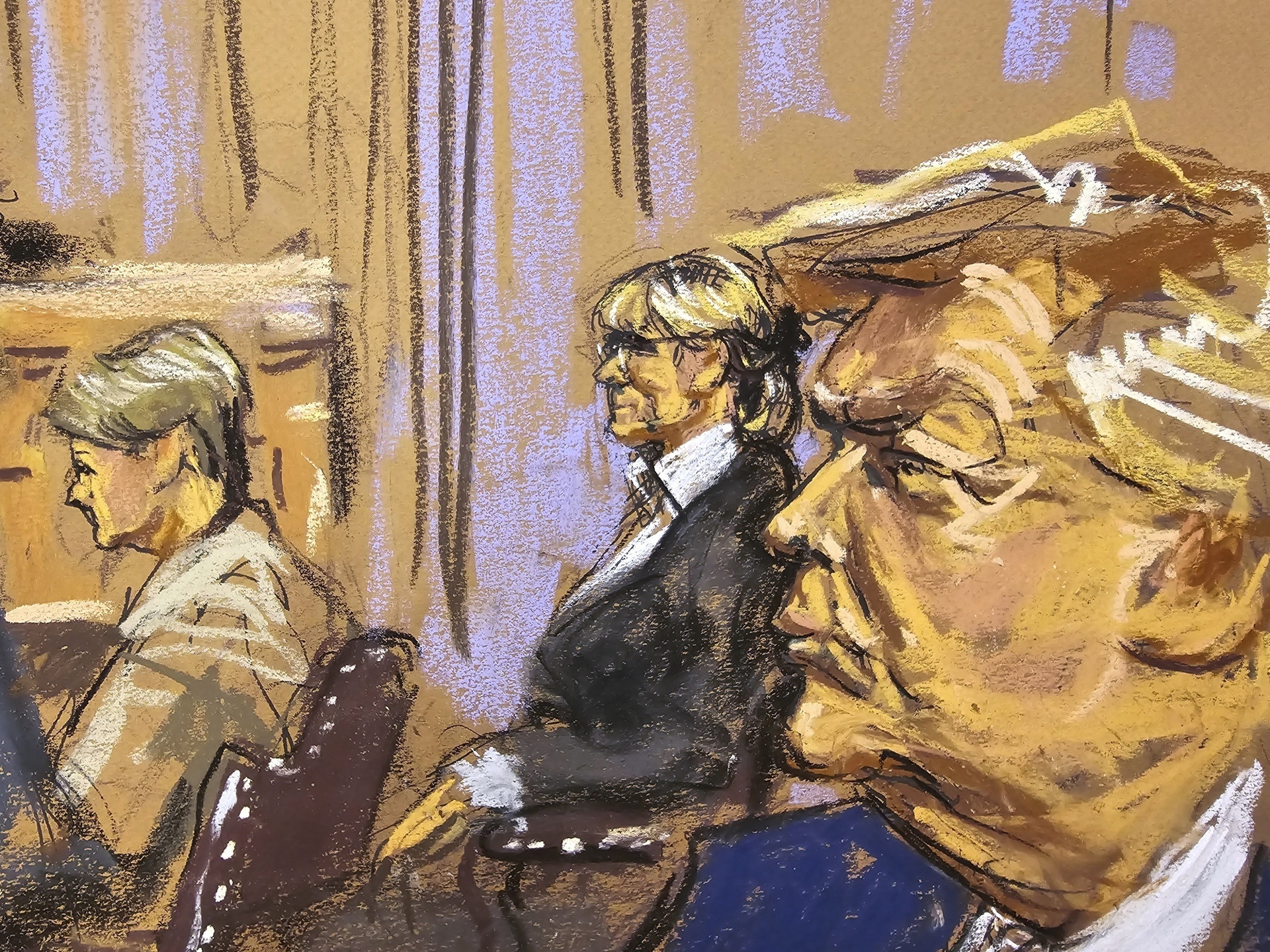 President Donald Trump, right, and E. Jean Carroll, second from right, listen during arguments by the defense in Manhattan federal court, Friday, Sept. 6, 2024, in New York. (Jane Rosenberg via AP)