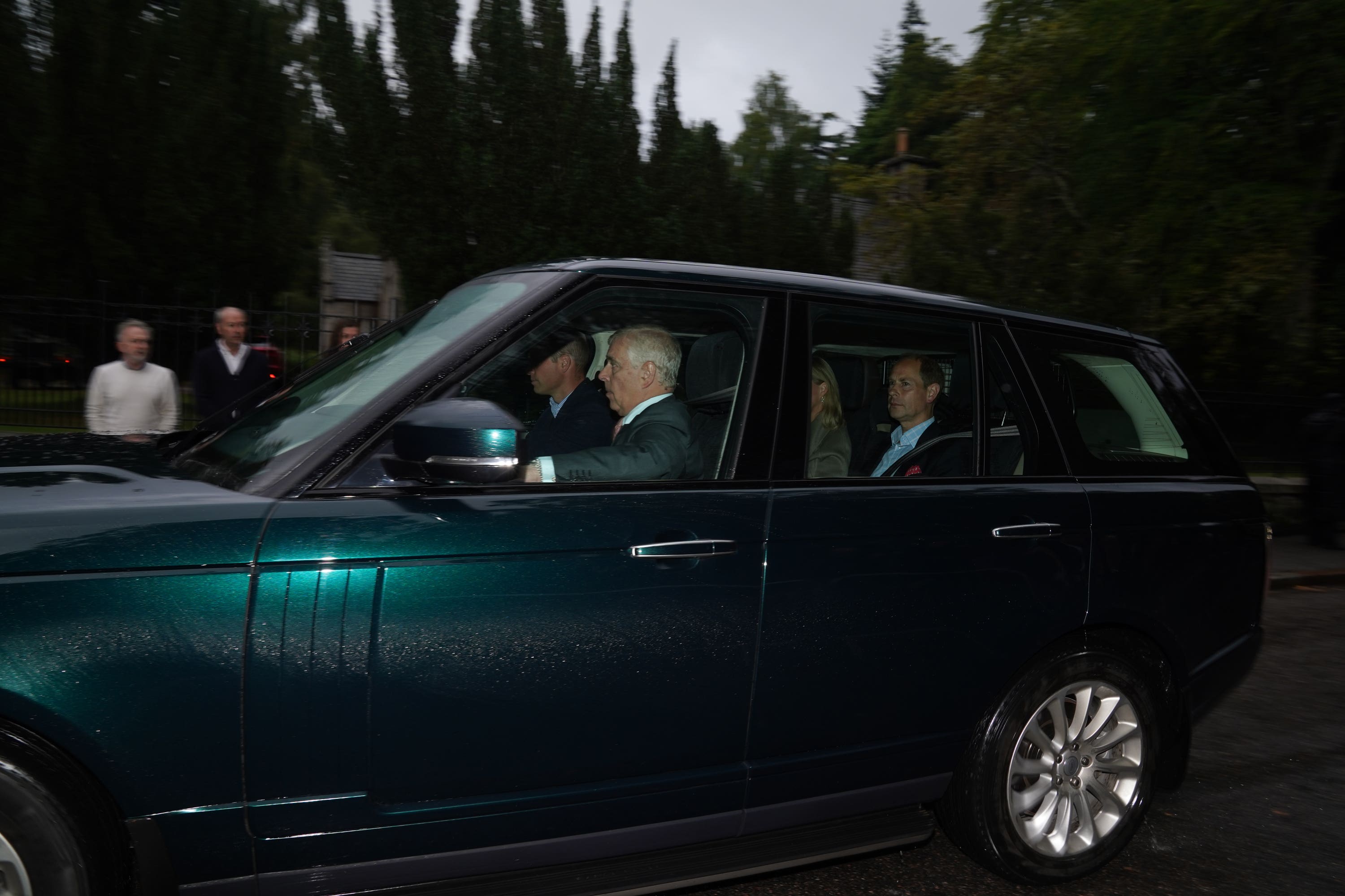 The Duke of Cambridge drives a car carrying the Duke of York, and the Earl and Countess of Wessex into Balmoral (Andrew Milligan/PA). 