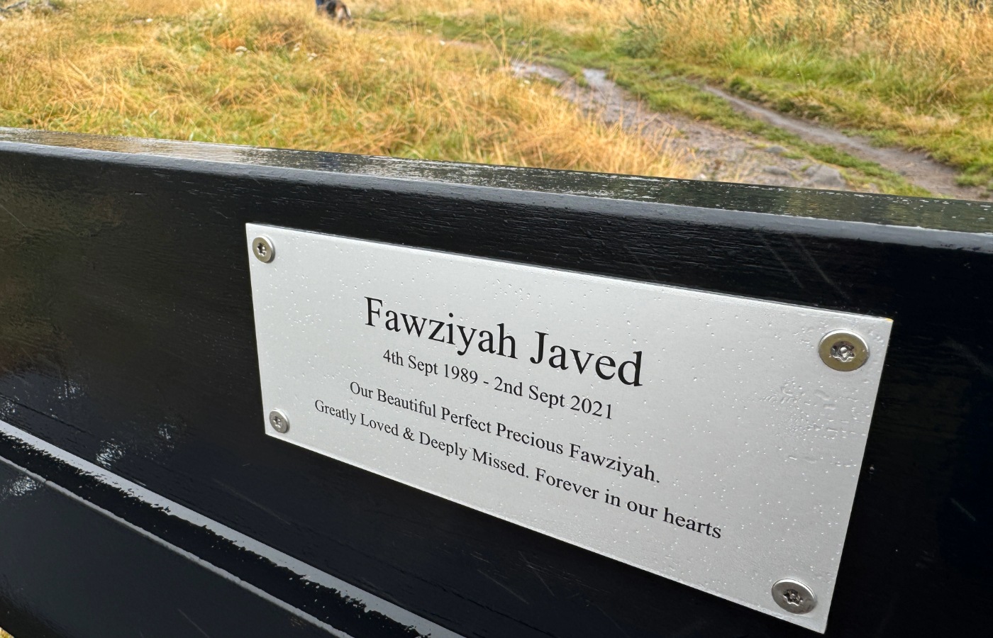 Memorial bench for Fawziyah Javed.