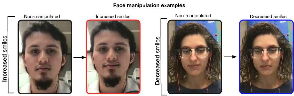 An example of a participant who had his smile enhanced by AI, left, and another volunteer who had their smile decreased (Dr Pablo Arias-Sarah/University of Glasgow/PA). 