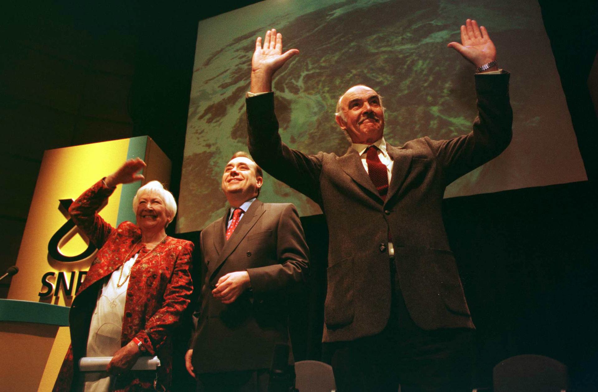 (Original Caption) Sean Connery at the SNP congress with Winnie Ewing (MEP) and Alex Salmond. (Getty Images)