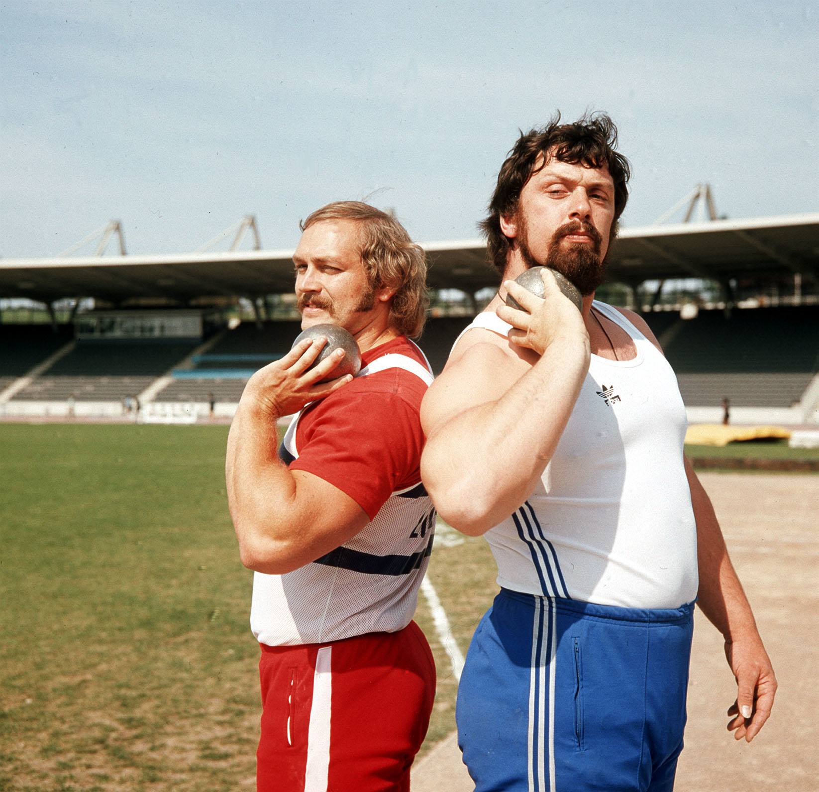 Geoff Capes (right), Commonwealth shot putt champion and Al Feuerbach, American holder of the world record, at Crystal Palace.