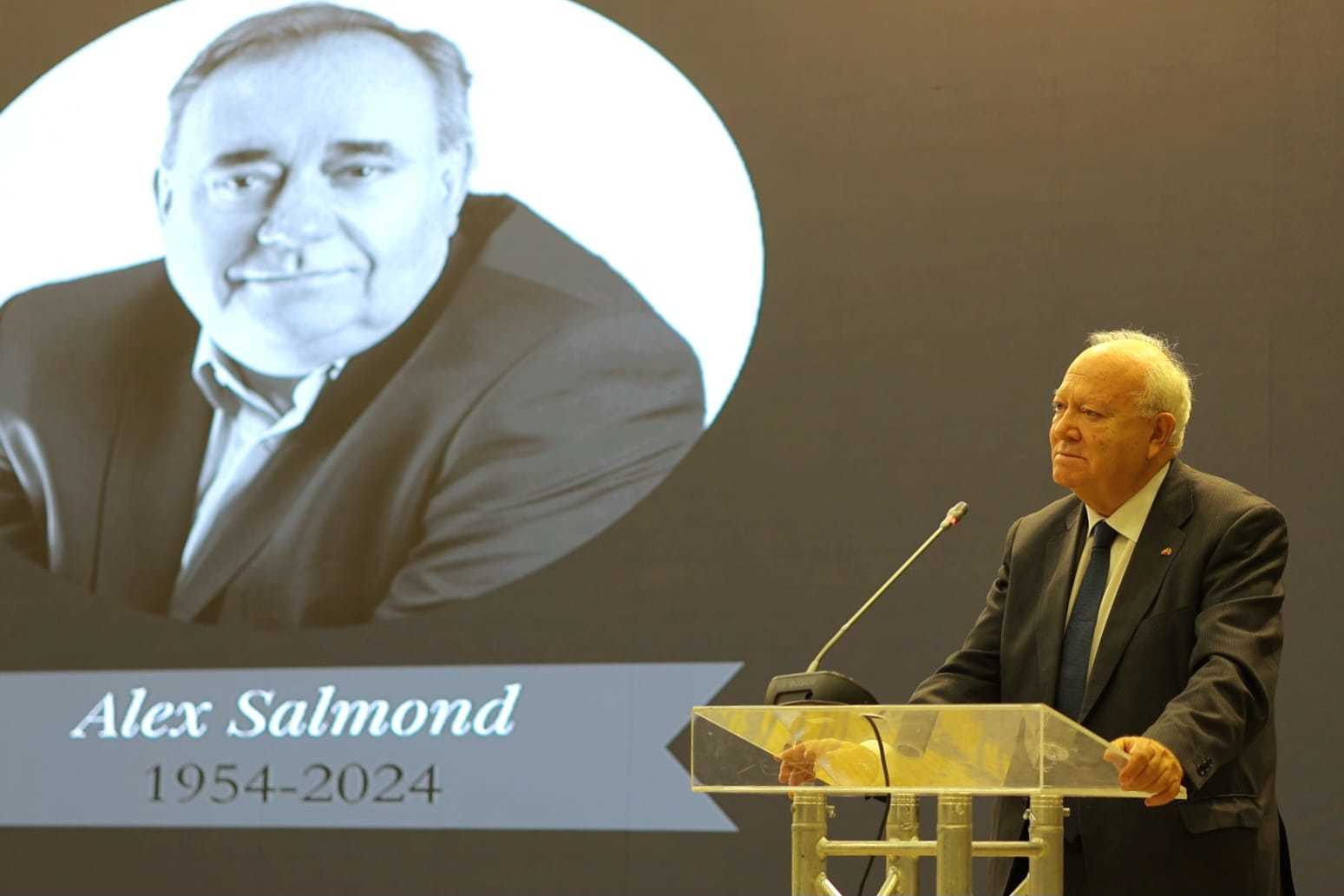 High Representative for the Alliance of Civilizations Miguel Ángel Moratinos speaks at commemoration ceremony for former first minister of Scotland Alex Salmond.