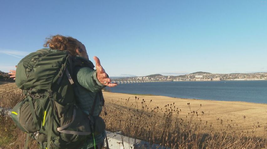 Explorer Linzi Bell overlooking the River Tay towards Dundee.