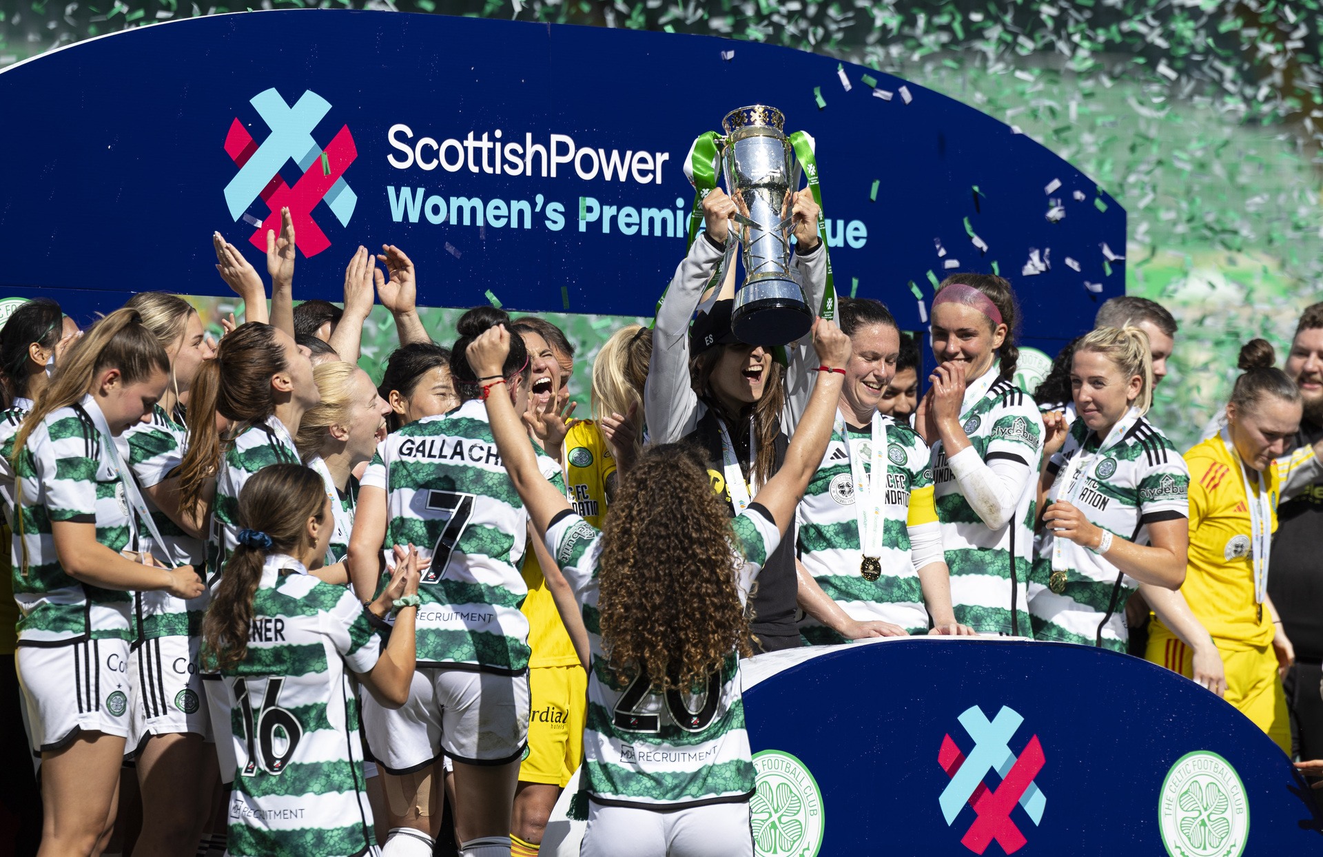 Celtic manager Elena Sadiku lifts the SWPL trophy during the Scottish Power Women's Premier League trophy day, on May 19, 2024.