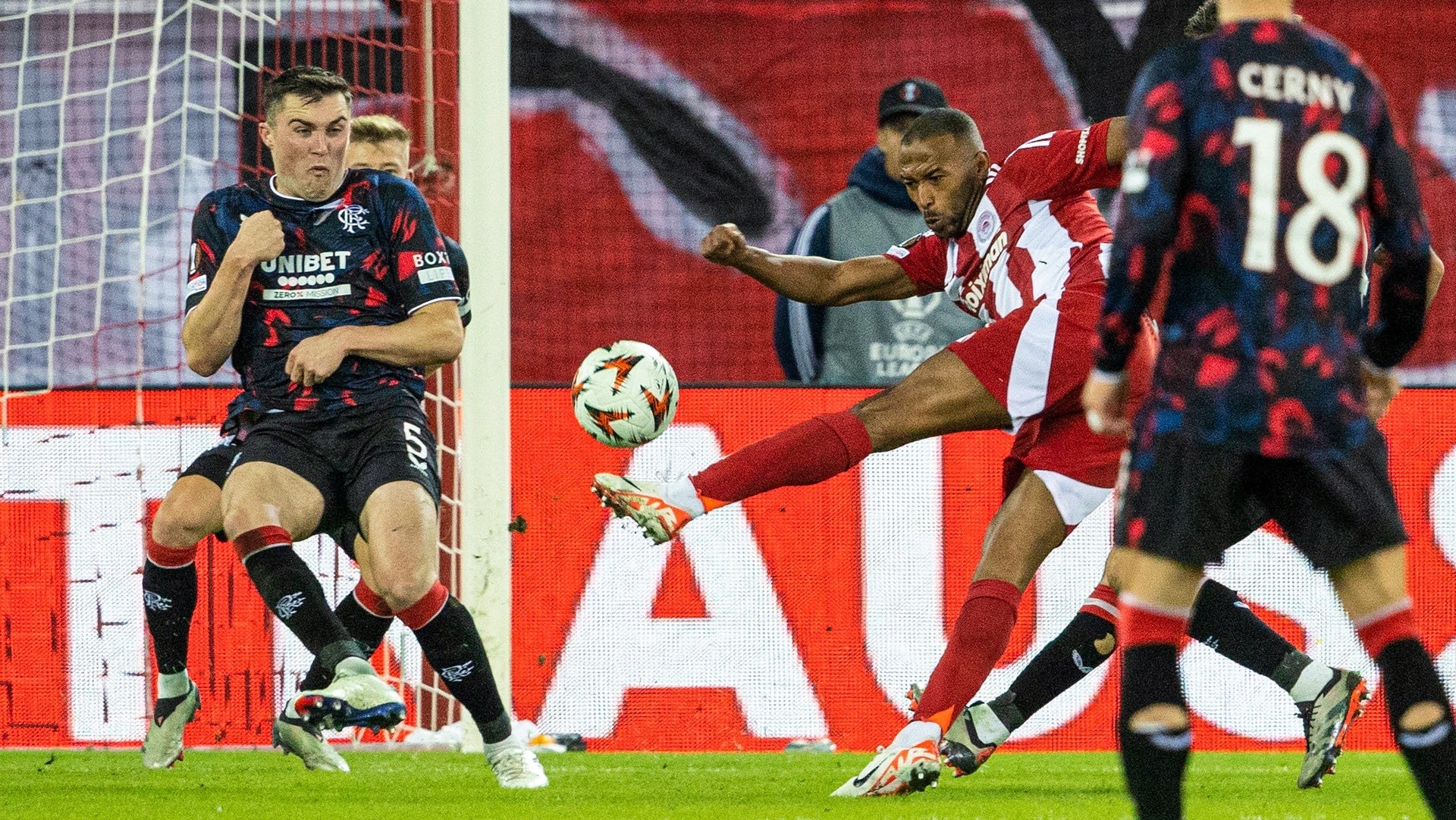 ATHENS, GREECE - NOVEMBER 07: Olympiacos' Ayoub El Kaabi scores to make it 1-0 during a UEFA Europa League 2024/25 League Phase MD4 match between Olympiacos and Rangers at The Georgios Karaiskakis Stadium, on November 07, 2024, in Athens, Greece. (Photo by Alan Harvey / SNS Group)