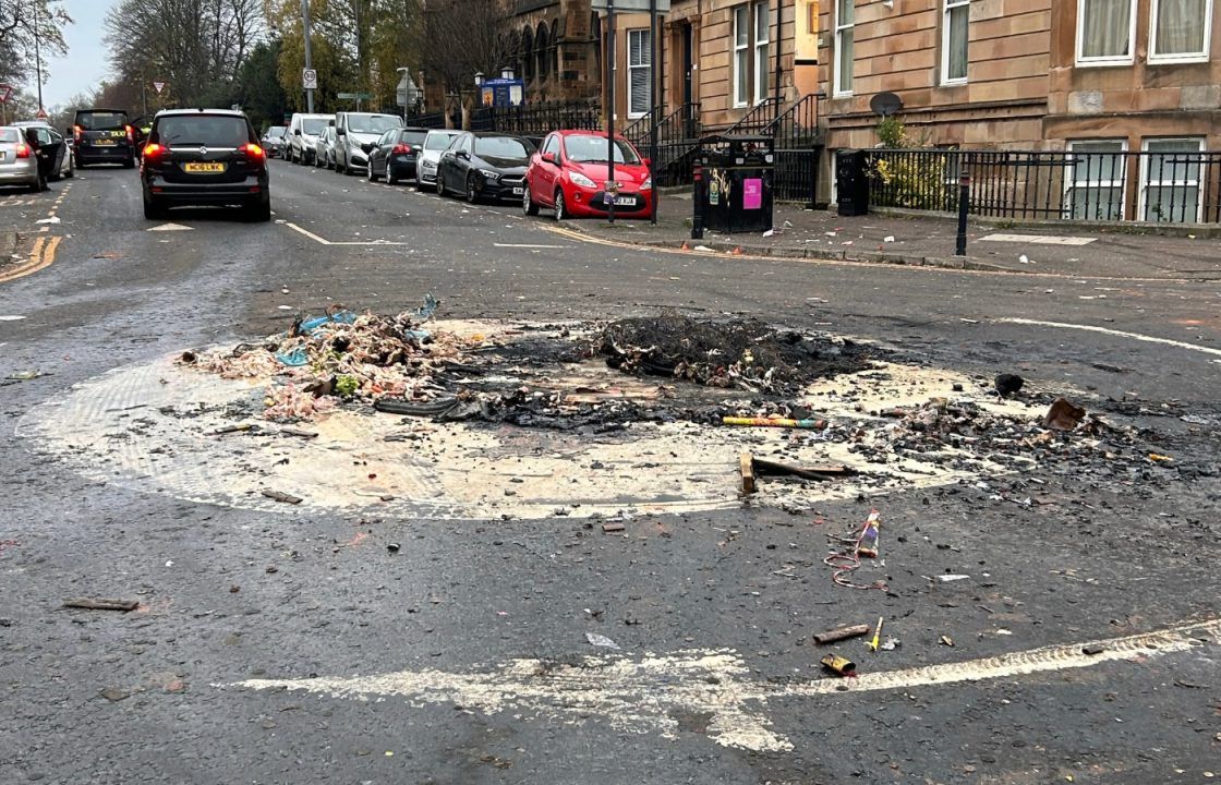 Damage from Bonfire Night disorder strewn across streets in Pollokshields in Glasgow as police investigate