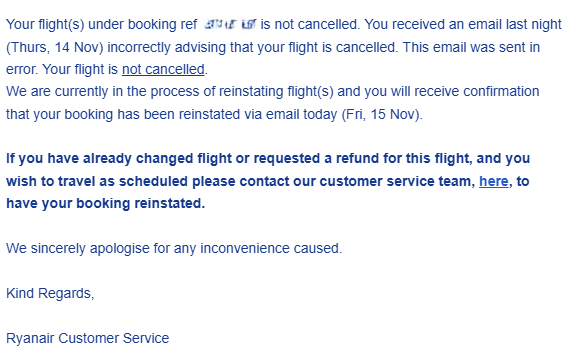 Ryanair passengers receive cancellation email in error