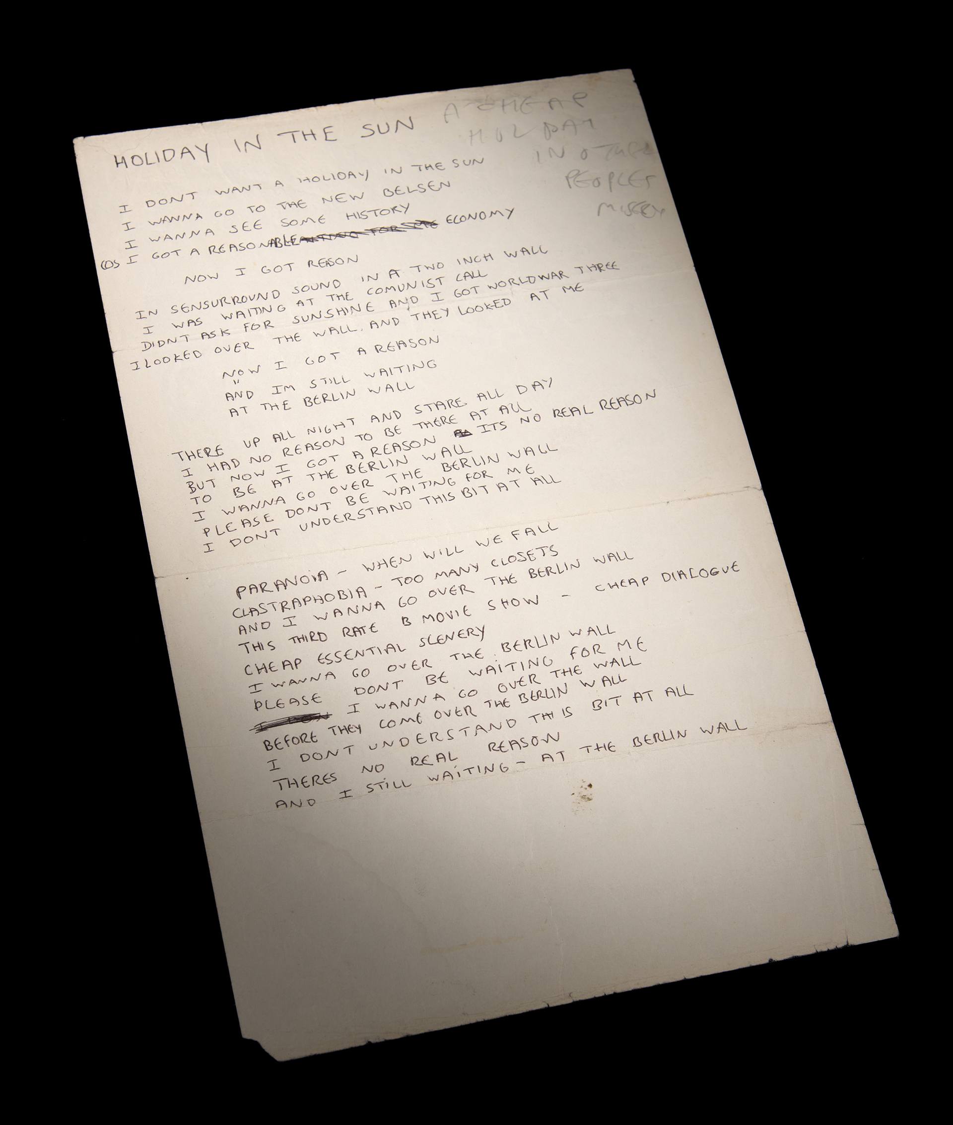 John Lydon’s lyrics for Holidays In The Sun (RR Auction/PA) 