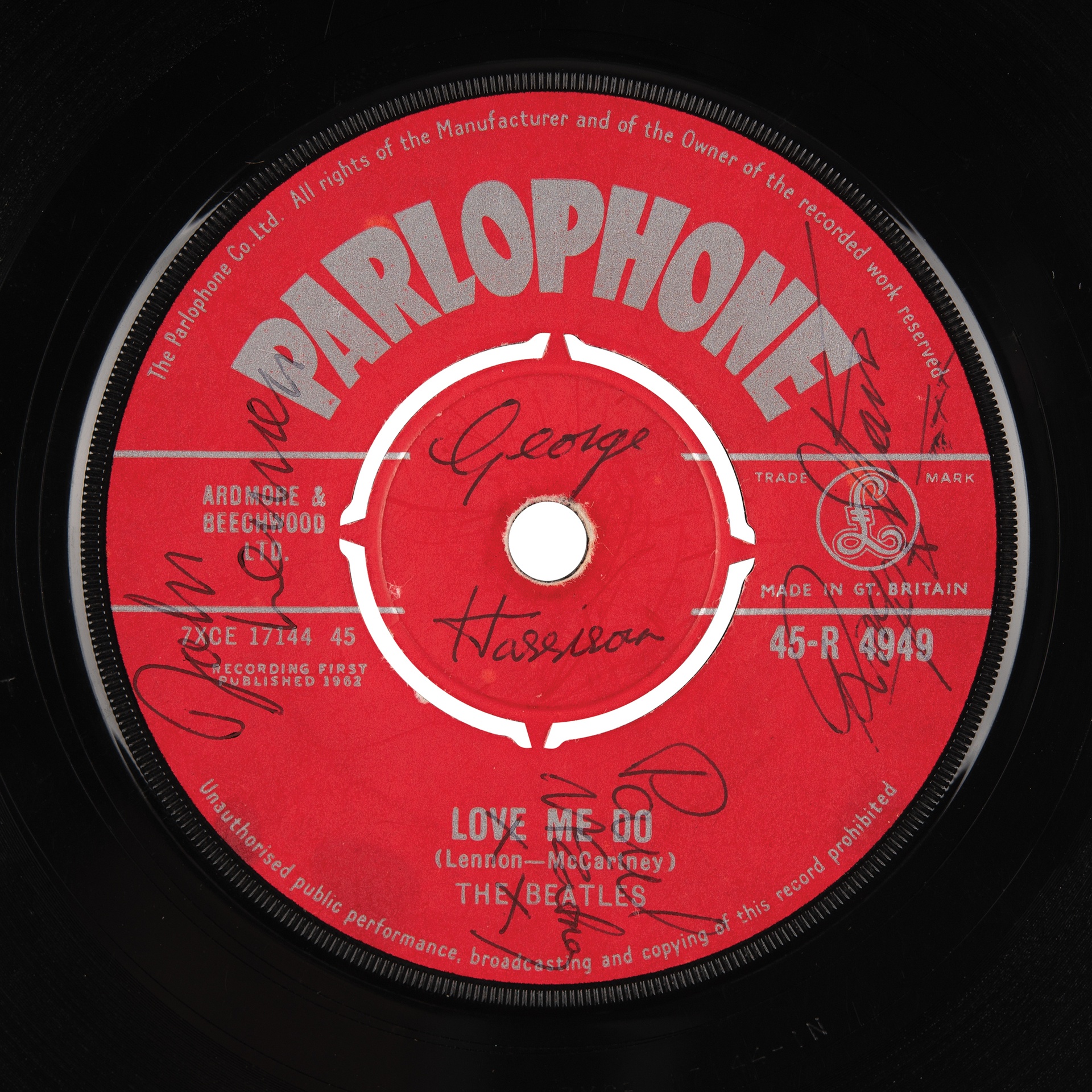 First pressing of the Beatles’ debut single, signed the day after its release (RR Auction/PA). 