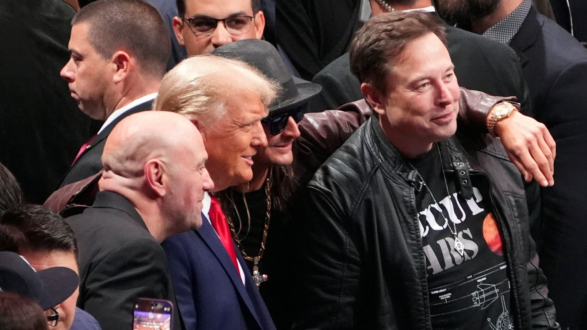 Donald Trump poses for a photo with Dana White, Kid Rock and Elon Musk at UFC 309 at Madison Square Garden in New York 