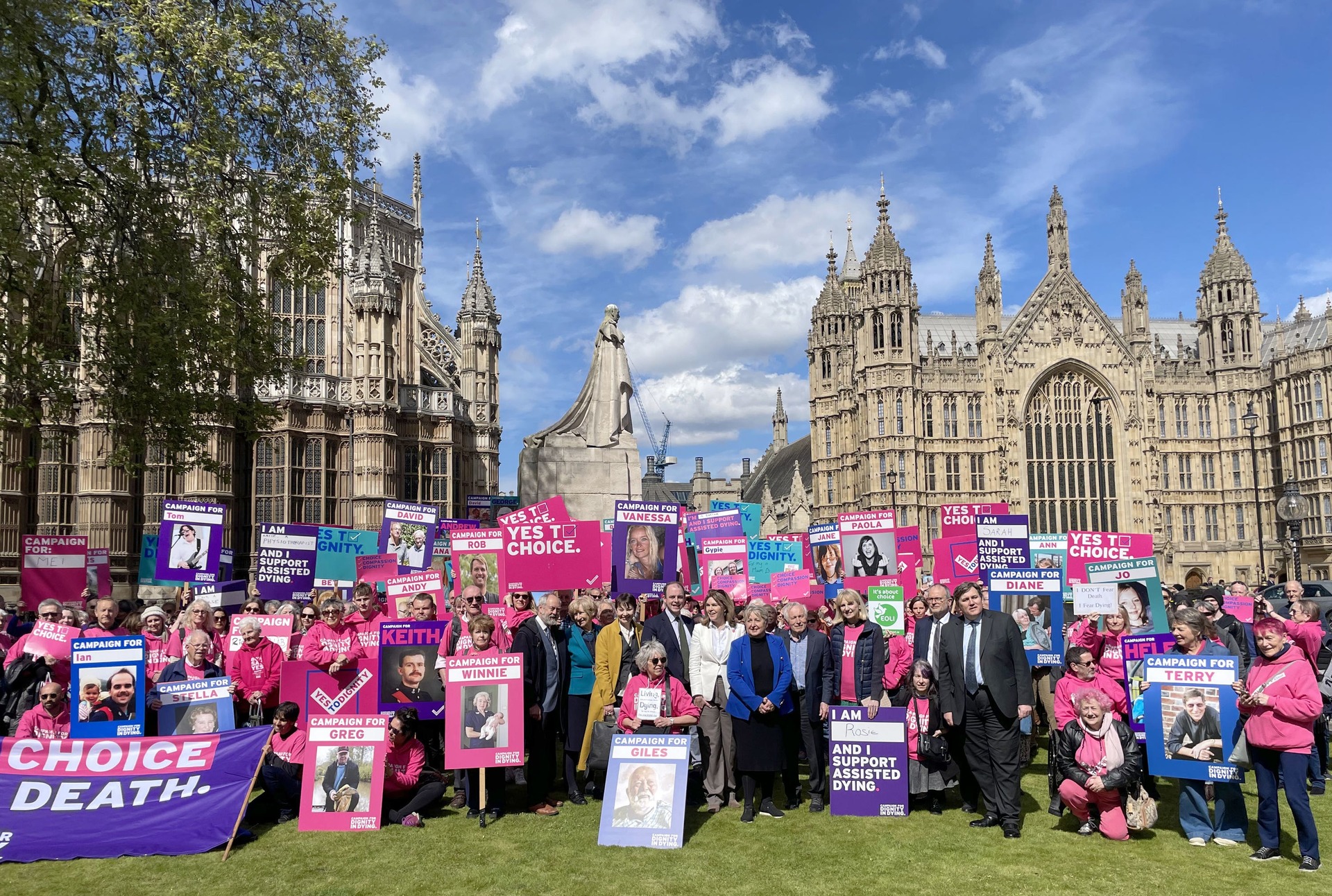 Campaigners outside Parliament ahead of a debate on assisted dying earlier this year (Samuel Montgomery/PA). 