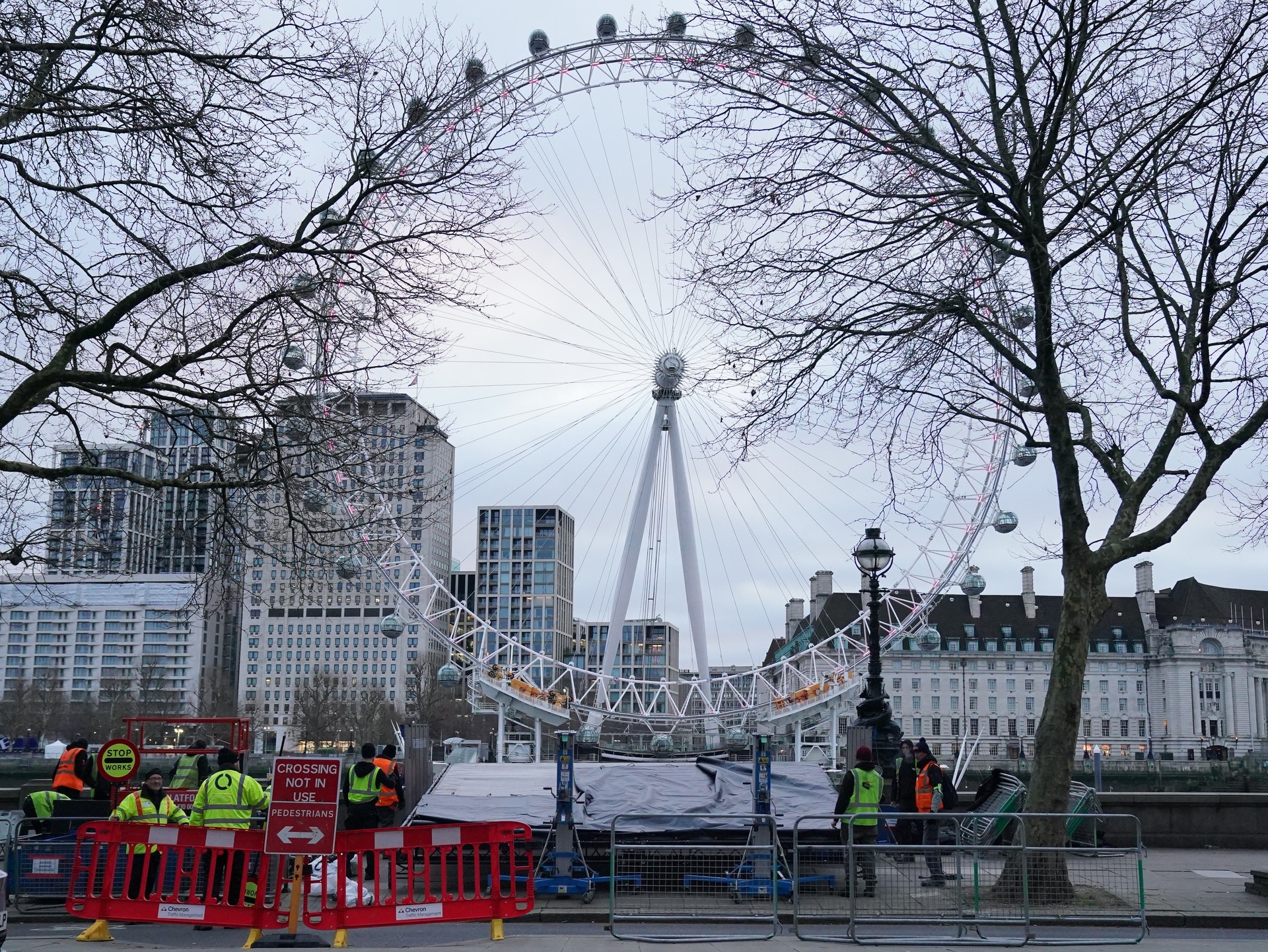 Preparations continue for the New Year’s Eve fireworks display in central London (Jonathan Brady/PA). 